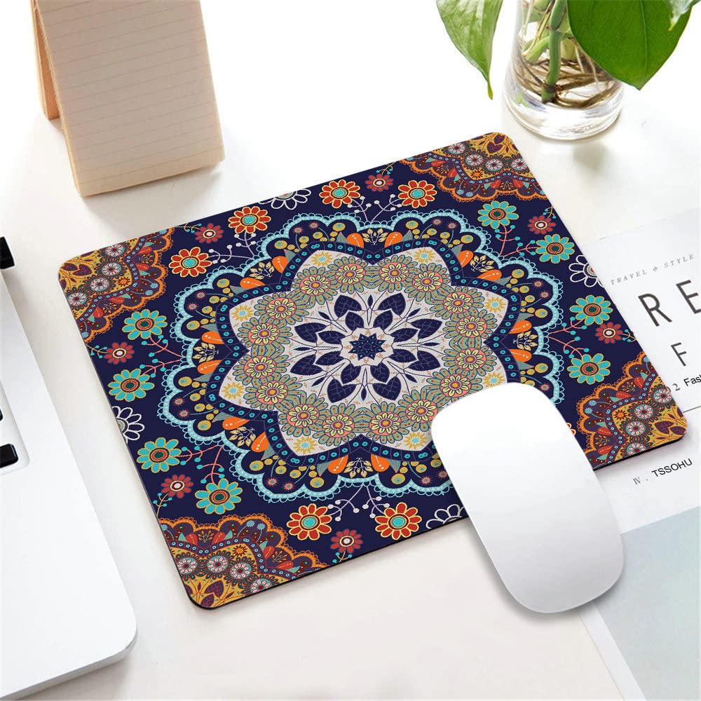 Ethnic Pattern Gaming Mouse Pad - Non-Slip Rubber Base Computer Mouse Mat with Custom Floral Mandala Design (9.5