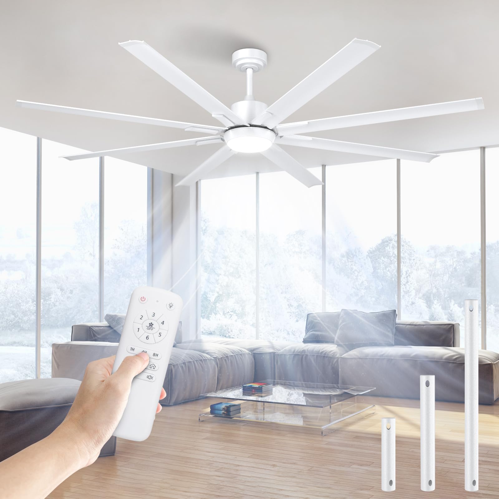 72 Inch Large Industrial Ceiling Fan with Light & Remote - 8 Aluminum Blades, Energy Efficient DC Motor, Reversible Airflow - Perfect for Living Room, Patio, Garage, Warehouse & Commercial Spaces - White - Ideal for Cooling Large Areas, Improving Air Circulation & Enhancing Home/Office Decor