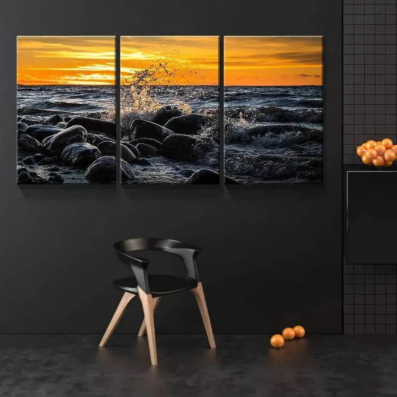 3-Piece Sunset Sea and Stones Metal Wall Art - Ready to Hang Coastal Decor for Living Room, Bedroom & Office