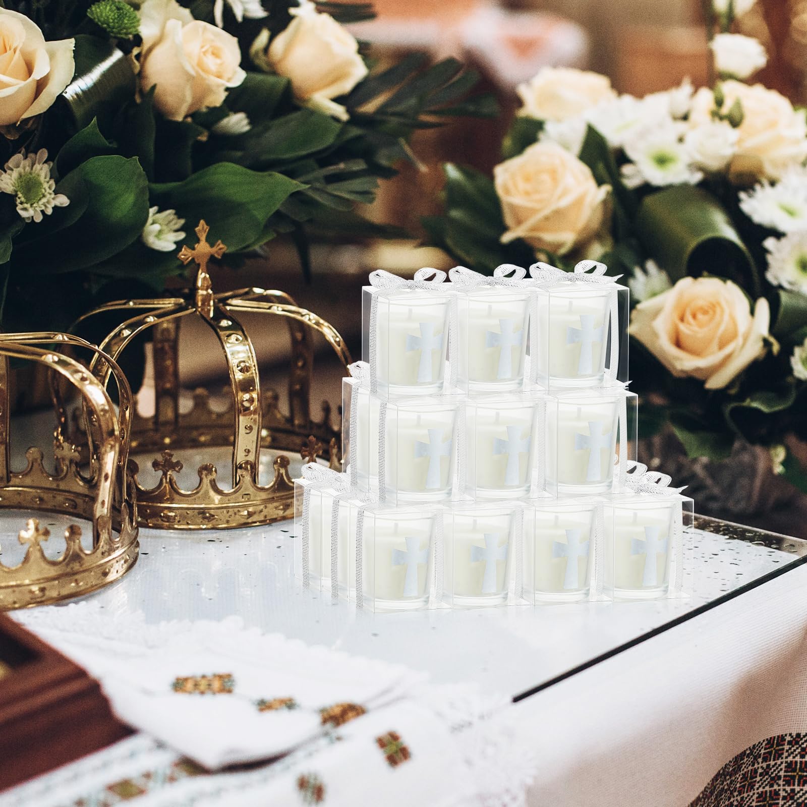 24 Pcs Silver Cross Themed Candles - Wedding Party Favors, Baptism Gifts, Bridal Shower Favors for Wedding, Birthday, Housewarming Party - Elegant Table Centerpiece & Guest Gifts for Religious Ceremonies & Special Occasions