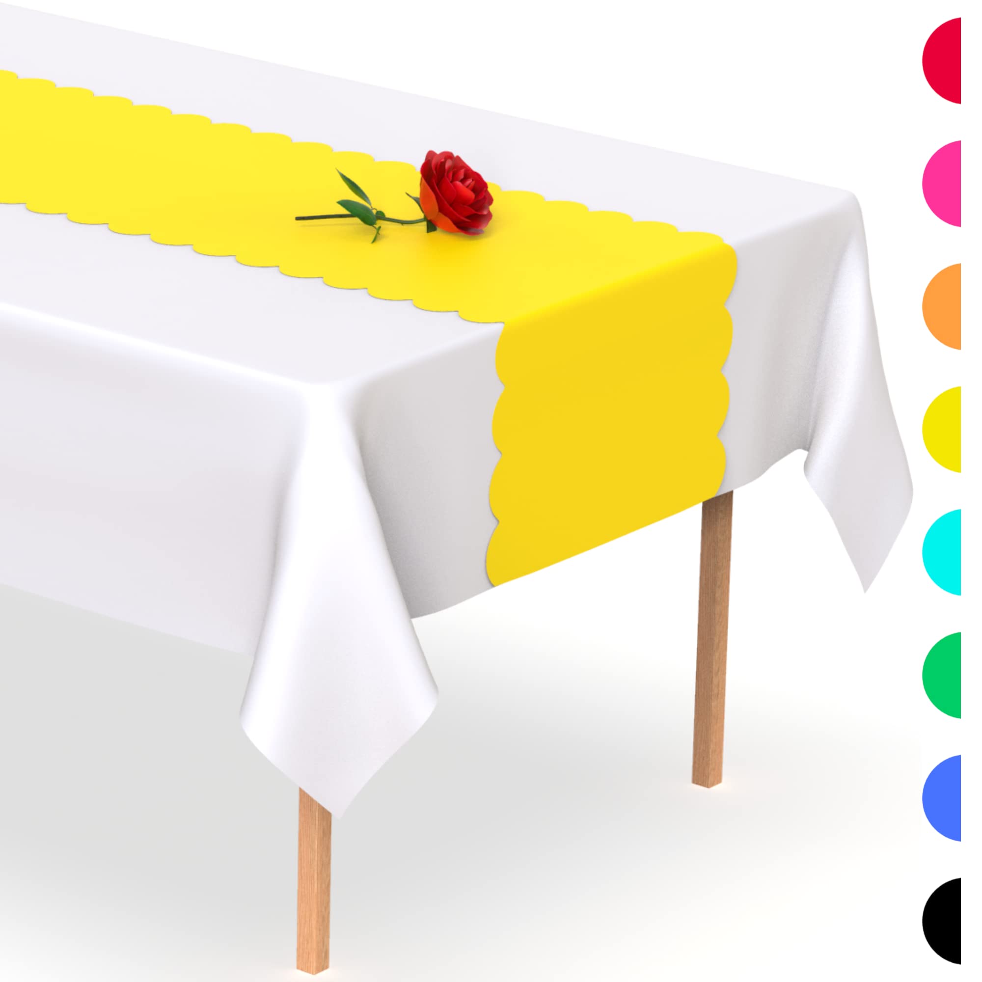 Swanoo Yellow Scallop Disposable Plastic Table Runners - 15 Pack (14x108 Inch) for Party Decorations, Wedding, Birthday & Holiday Table Settings - Vibrant Color Pop for Festive Events