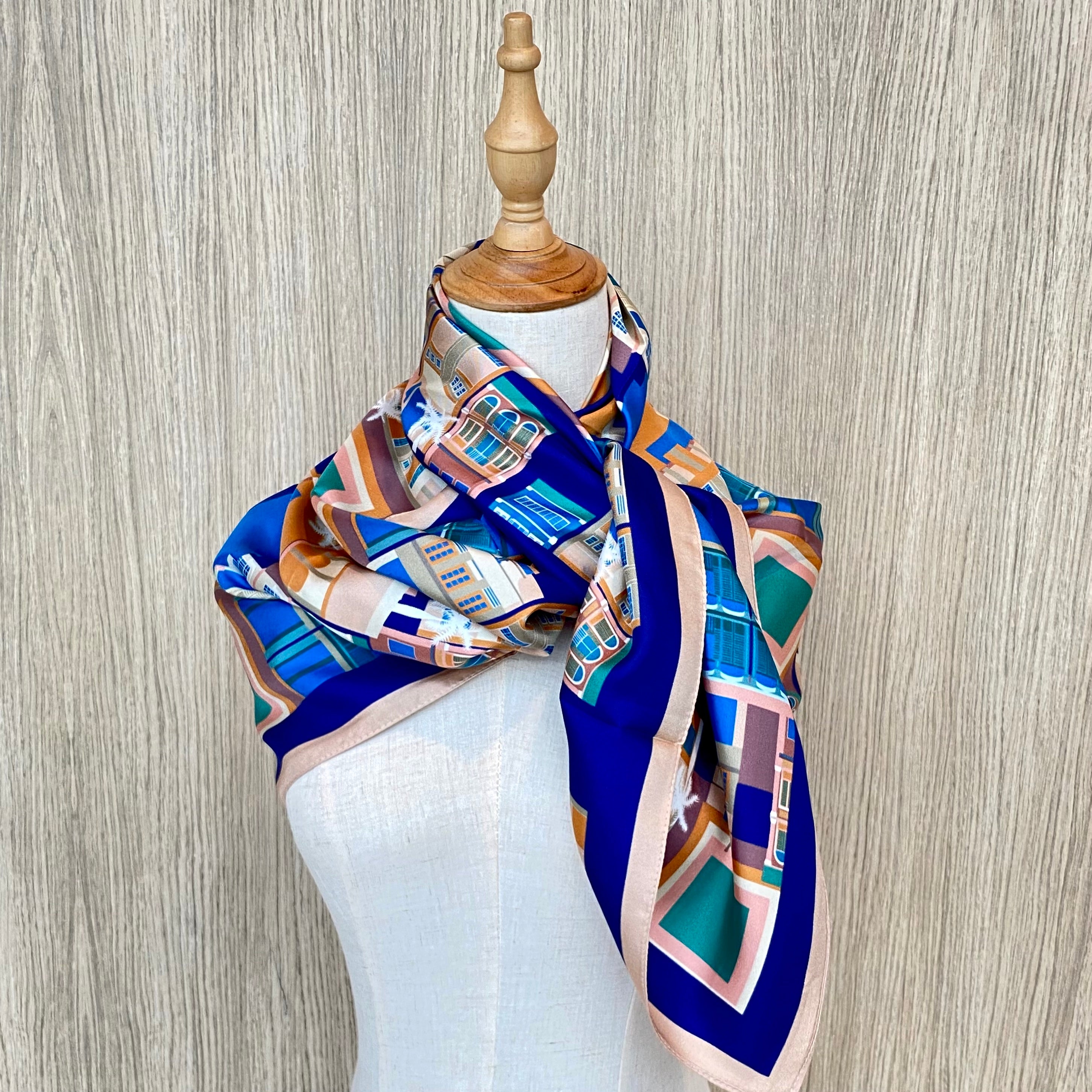 Premium Silk Scarf for Women - Luxury Singapore Shophouses Design - Elegant Fashion Accessory for Office, Wedding & Special Occasions