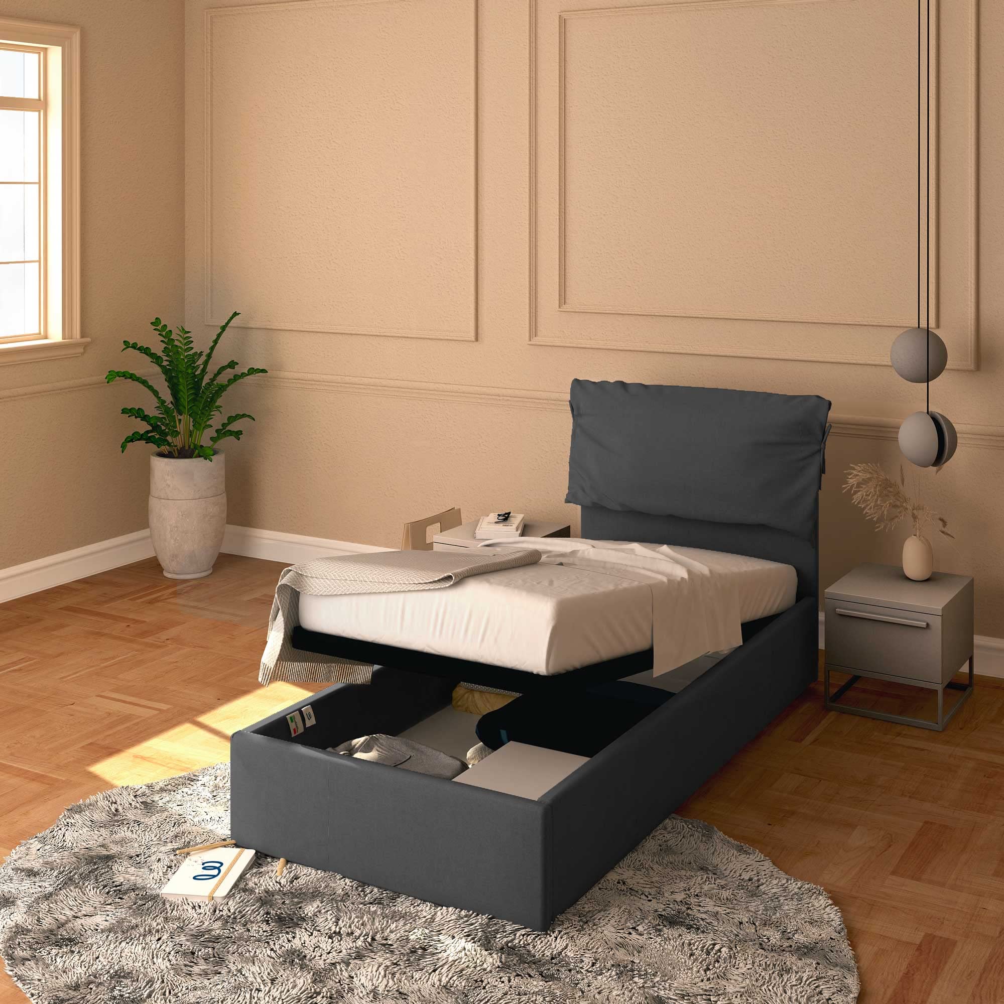 Baldiflex Single Bed with Storage - Licia Soft Synthetic Leather Upholstery, Slatted Base for Single Mattress, 90 x 190 cm, Padded Headboard, Dark Gray - Perfect for Small Bedrooms, Guest Rooms & Studio Apartments