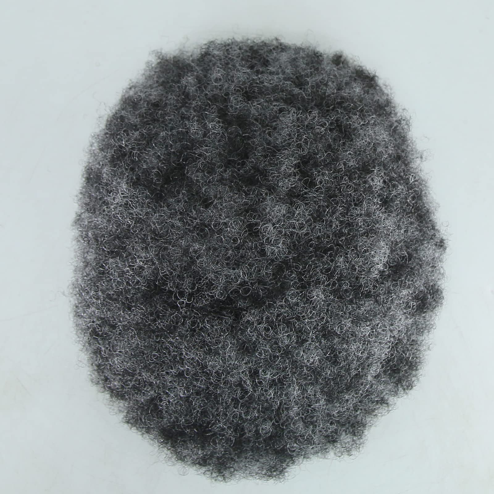 Men's Afro Toupee Wig 1B Mix 50% Grey - Human Hair Short Curly Afro Hairpiece with Mono & PU Base (8x10 Inch) - Perfect for Black Men's Hair Systems, Daily Wear & Special Occasions