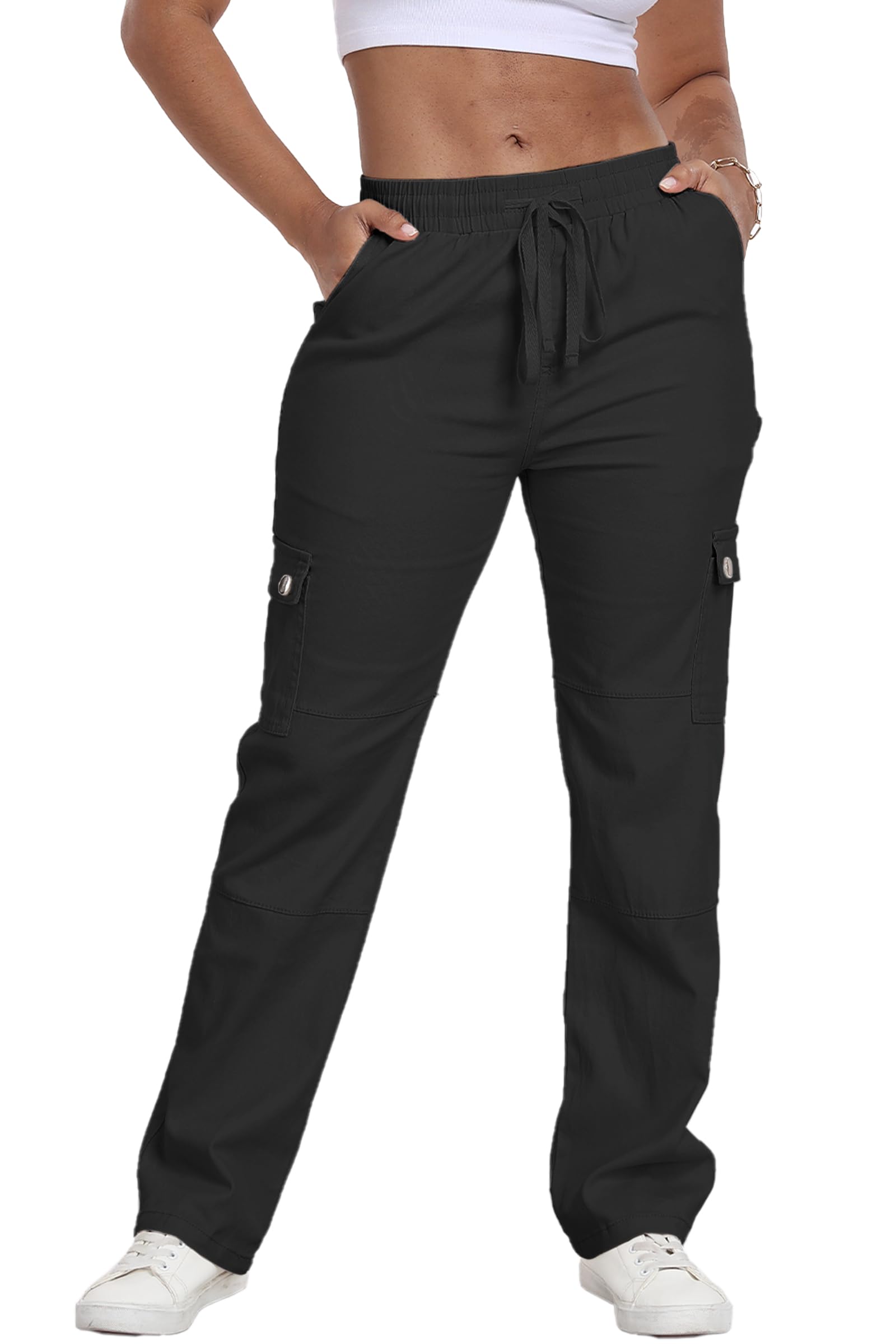 HVEPUO Women's Casual Straight Leg Cargo Pants - High Waisted Stretch Jeans with Pockets | Comfortable & Stylish for Work, Travel & Everyday Wear