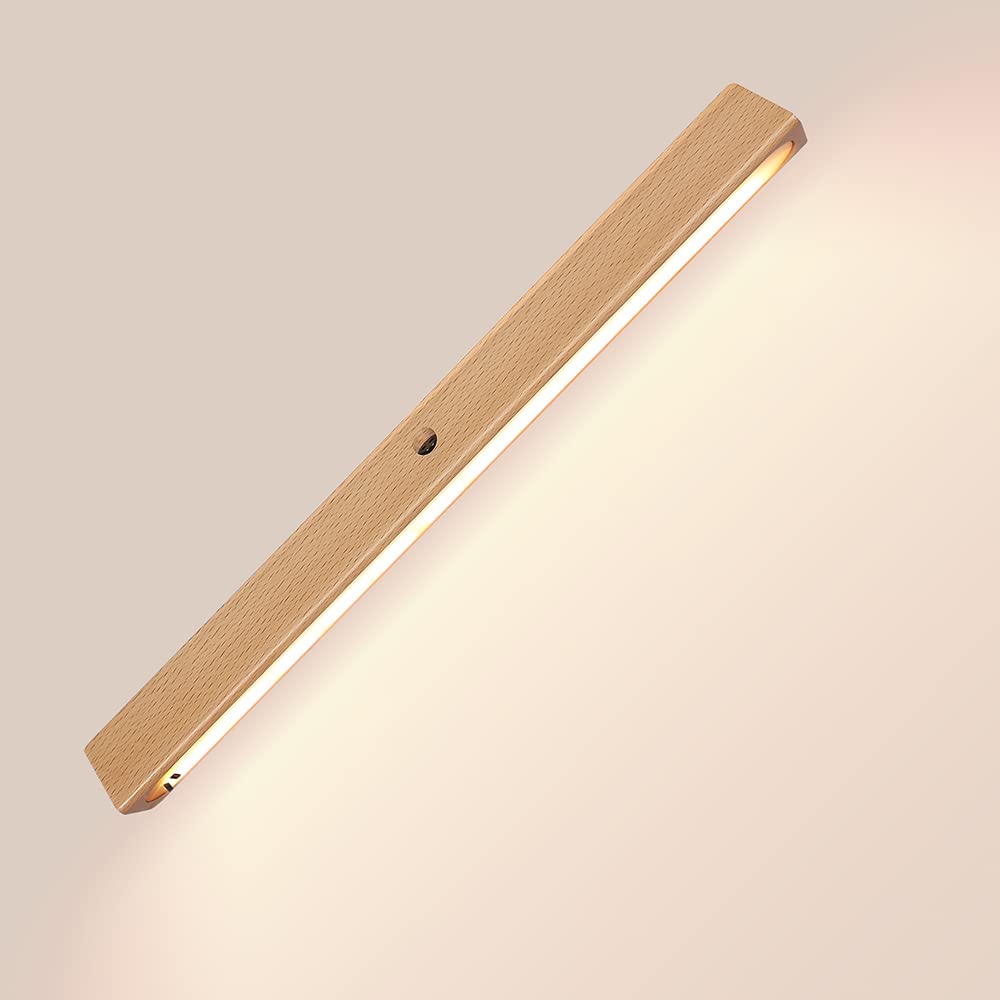 Wireless Under Cabinet Lights with Motion Sensor - USB Rechargeable Wooden Night Light for Wardrobe, Closet, Cupboard (Warm White) - Perfect for Bedroom, Kitchen, Hallway & Staircase Lighting