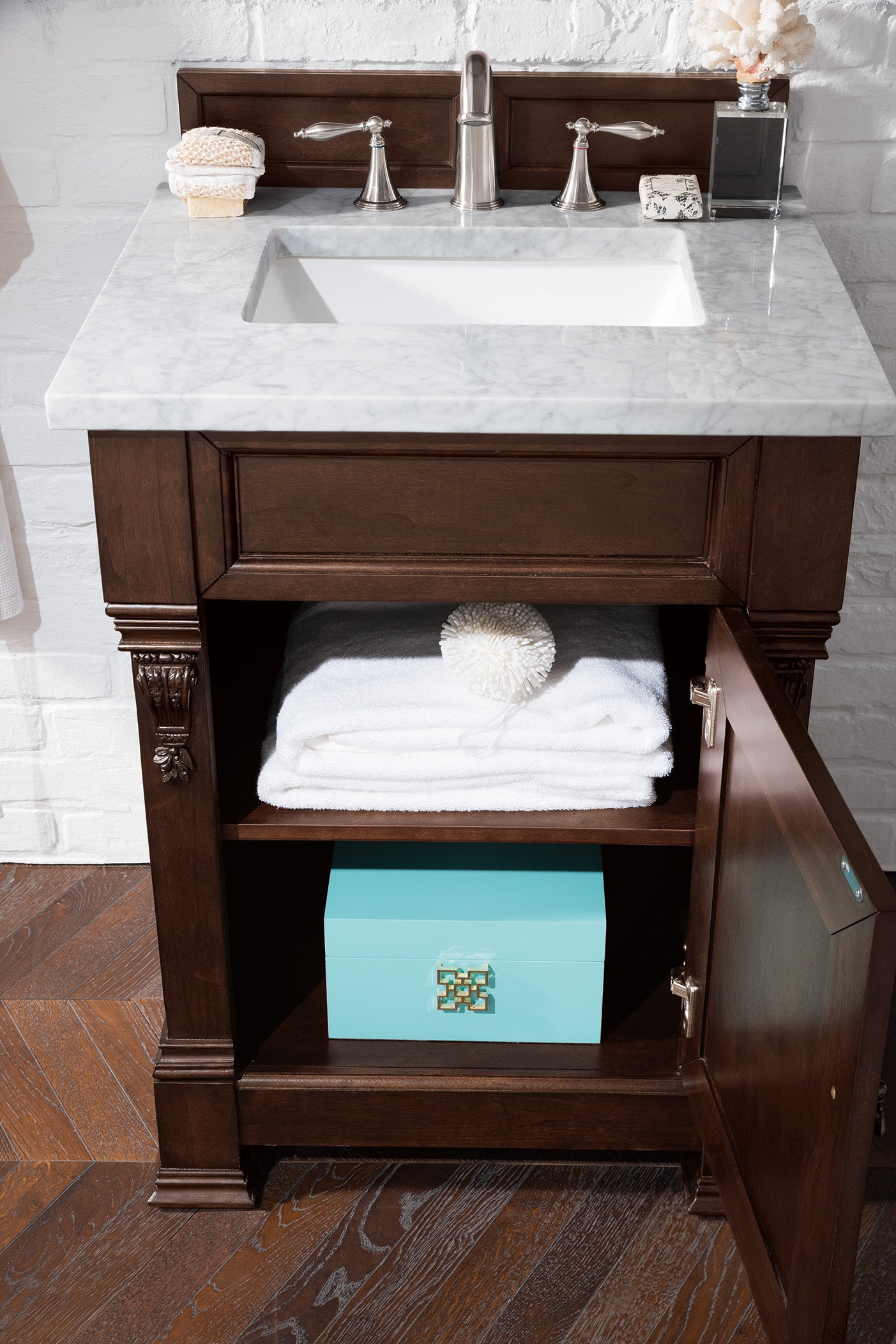 Brookfield 26 Inch Single Bathroom Vanity with Burnished Mahogany Finish & 3CM Carrara Marble Top - Perfect for Modern Master Bath or Powder Room Renovation