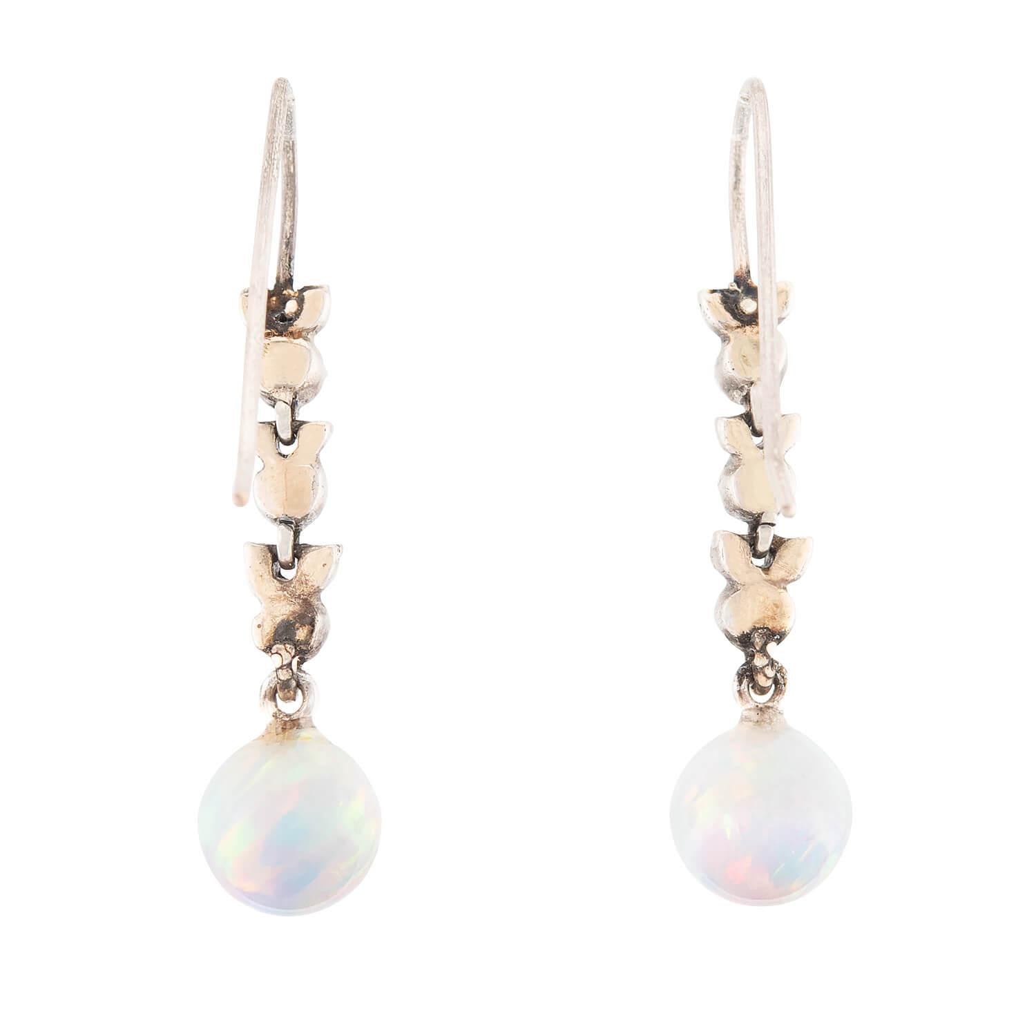 Victorian Style 14k Gold & Sterling Silver Opal Diamond Drop Earrings for Women - Elegant Dangle Jewelry for Weddings, Parties & Special Occasions