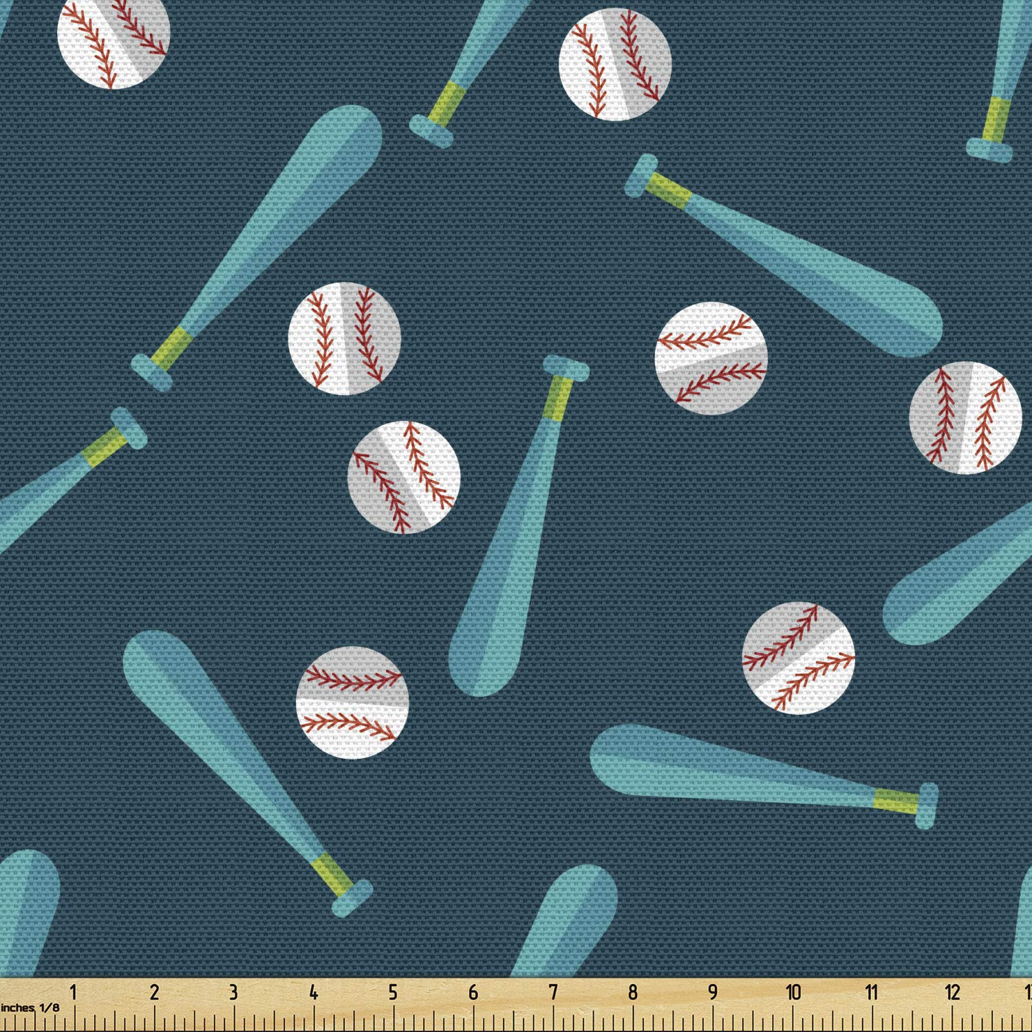 Ambesonne Baseball Fabric by The Yard - Softball Theme with Bats & Balls Design - Upholstery & Home Decor Fabric in Petrol Blue & Vermilion - Perfect for DIY Projects, Curtains, Pillows & Crafting