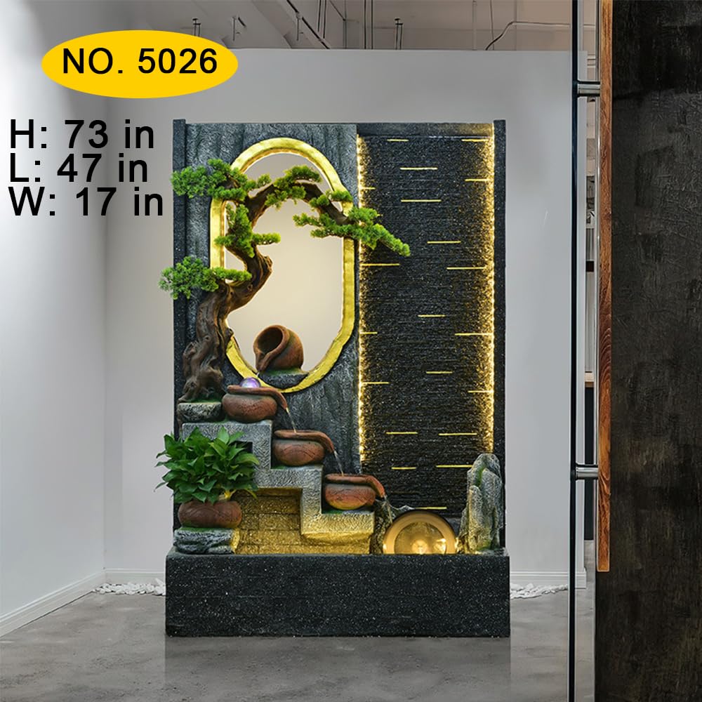 Large Zen Landscape Wall Fountain with LED Lights & Bonsai Accents - Indoor/Outdoor Waterfall Decor for Home, Office, Garden | Relaxing Meditation, Spa, Yoga Space | Model 5026