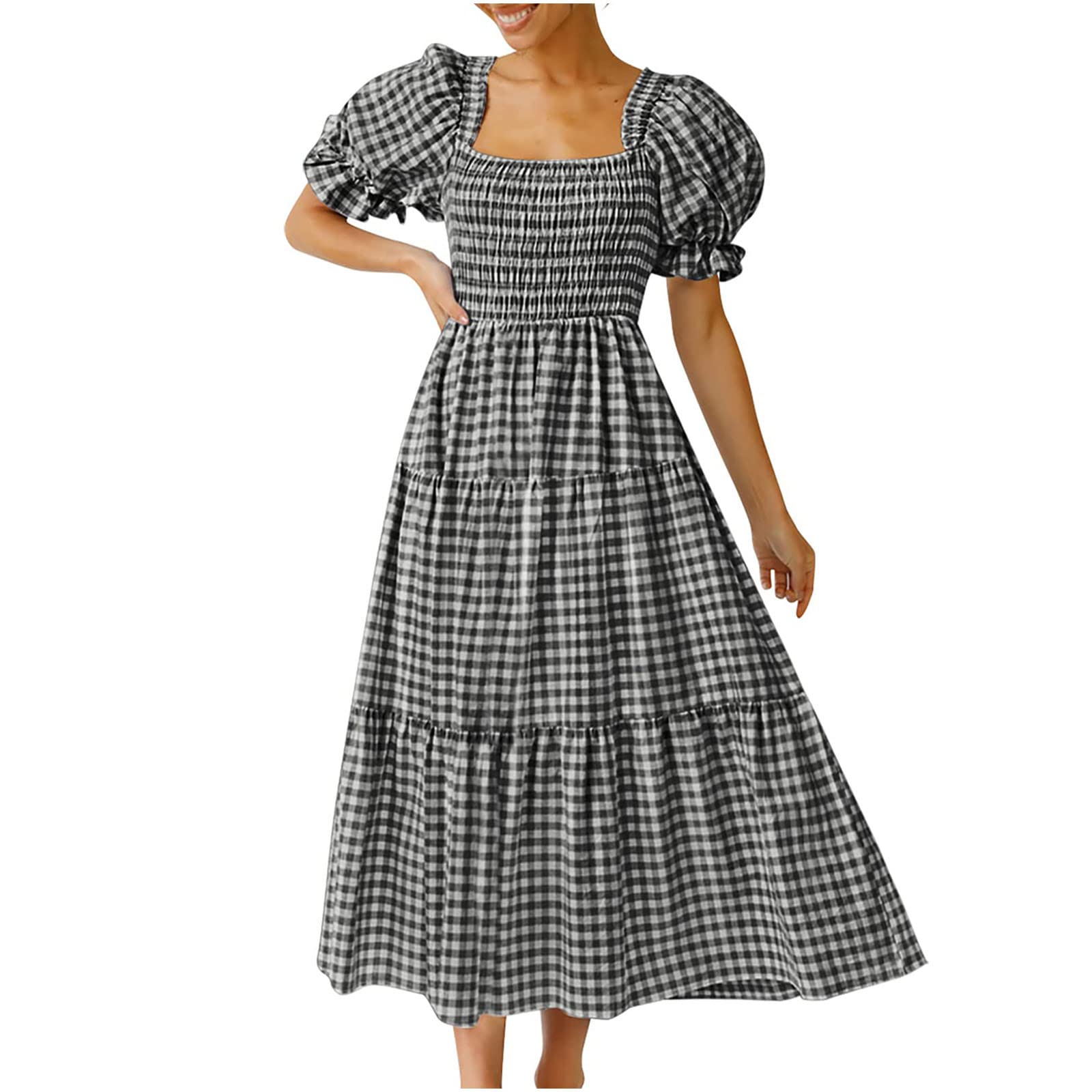 Women's Summer Plaid Square Neck Puff Sleeve Bohemian Beach Dress - Flowy Short Sleeve Casual Dress for Outdoor, Vacation, and Beach Parties