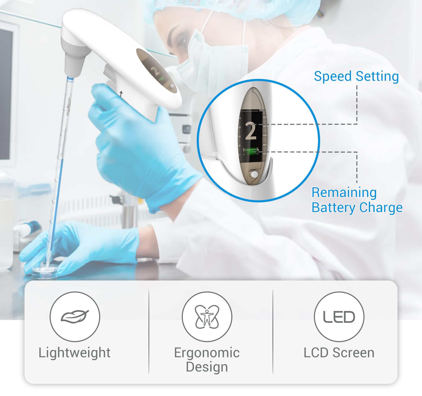 FOUR E'S SCIENTIFIC Electric Pipette Controller 0.1-100mL - Lab Electronic Pipettor with Rechargeable Battery, LCD Screen & Adjustable Speed - Perfect for Molecular Biology, Cell Culture & Clinical Laboratory Use