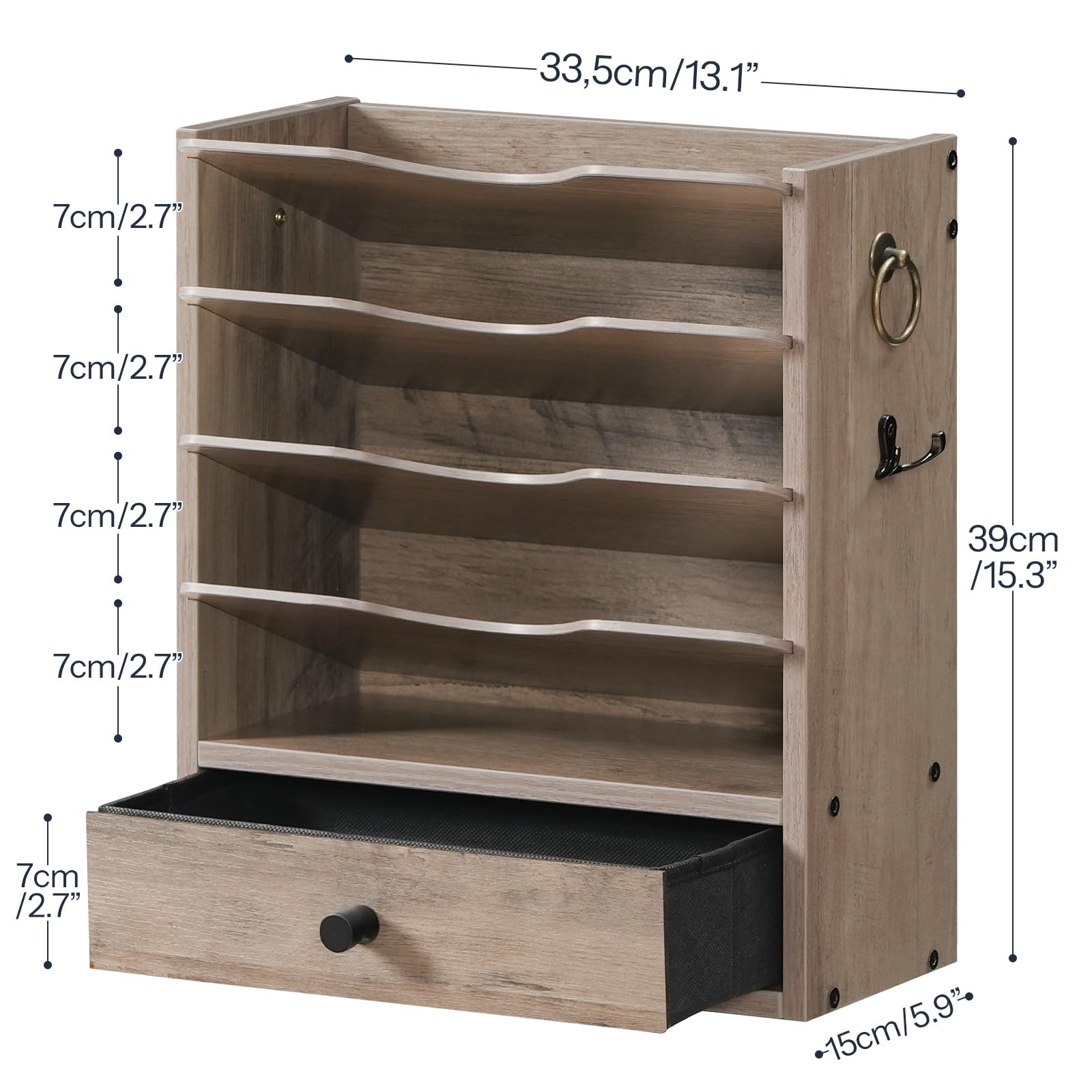 HOOBRO Wooden Wall File Organizer with Drawer & Hooks - Mail, Literature & Construction Paper Storage - Space Saving Office, Classroom & Home Organization (Greige BG14WF01) - Perfect for Desk, Wall & Workspace Organization
