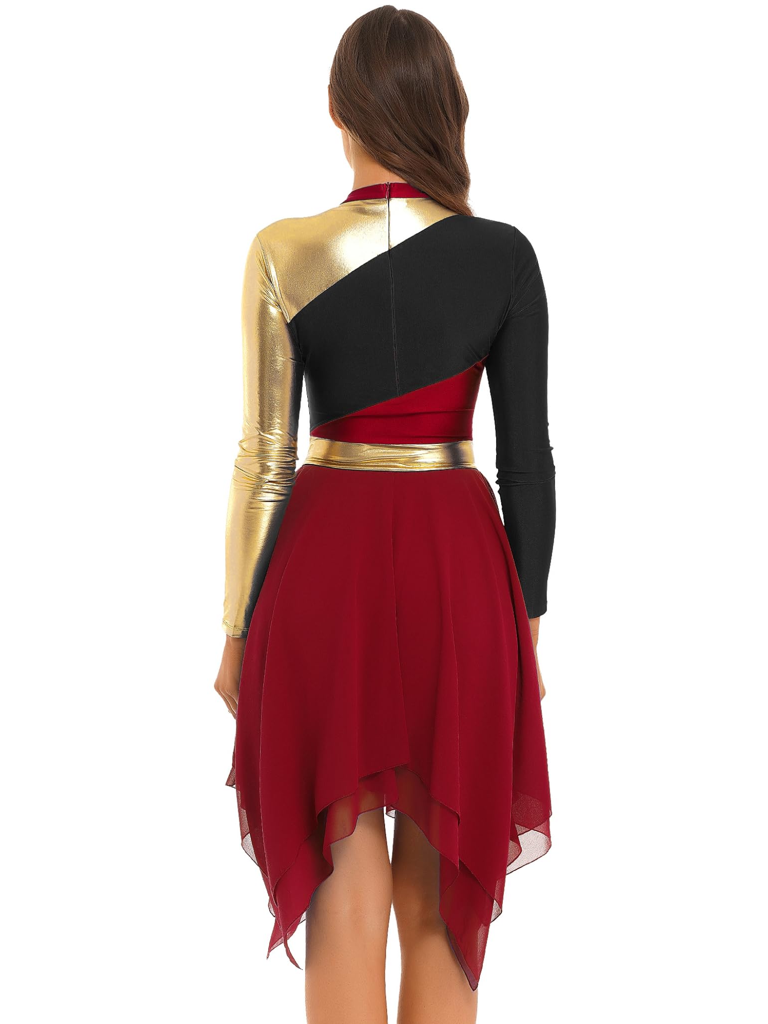 Women's Metallic Block Lyrical Praise Dance Tunic - Long Sleeve Bell Liturgical Worship Dance Dress Costume for Church Performances & Christian Dance Events