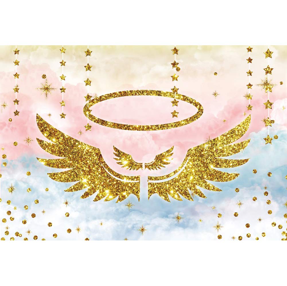 5x3ft Glittering Golden Angel Wing Photography Backdrop - Sparkly Birthday Party Background for Kids, Baby Shower, Newborn Photos - Golden Stars & Pink Clouds Decor for Portraits, Christenings, and Special Events