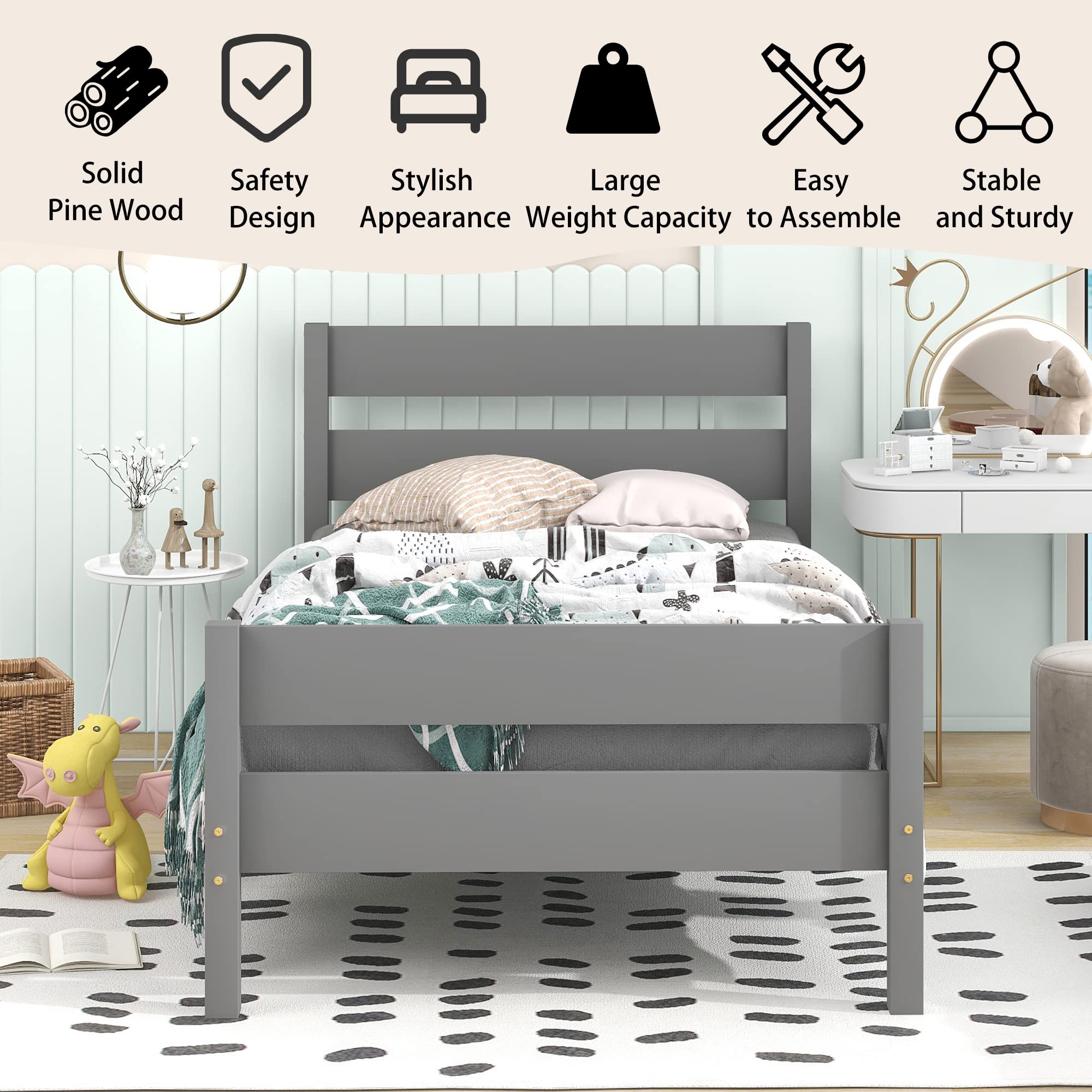 Olela Twin Bed Frame - Sturdy Wood Platform Bed with Headboard for Kids & Teens, No Box Spring Needed, Grey - Perfect for Bedrooms, Dorms, and Guest Rooms
