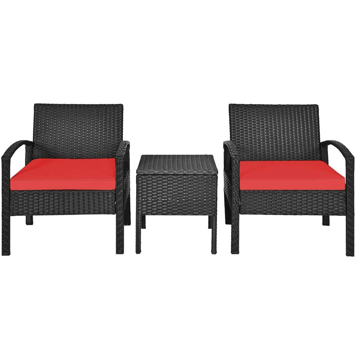 3-Piece Outdoor Rattan Patio Furniture Set with Hidden Storage - 2 Single Sofas & 1 Coffee Table, Red Soft Cushions - Perfect for Garden, Backyard, Deck, Balcony, Terrace & Poolside Relaxation