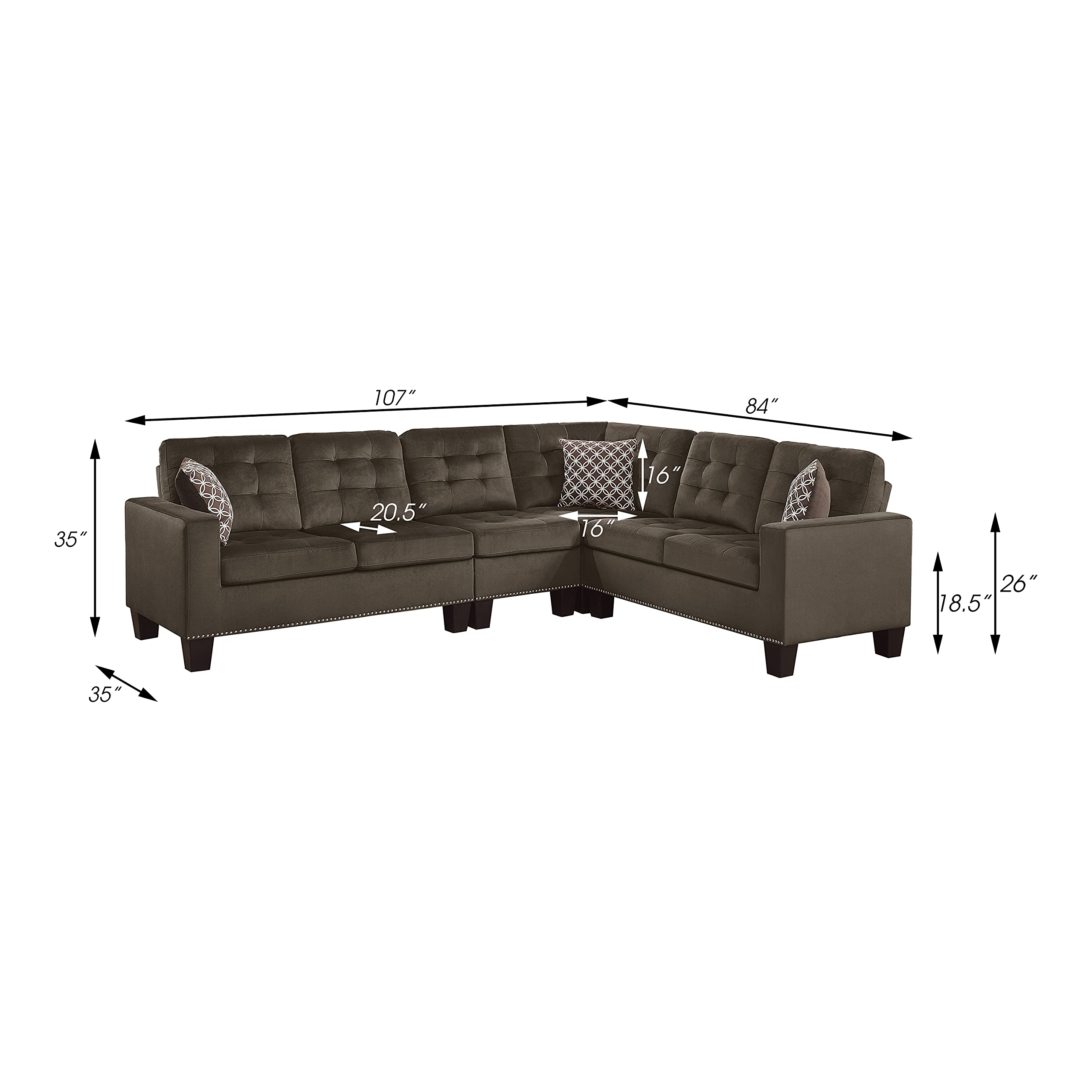 Lexicon L-Shaped Sectional Sofa for Living Room & Office - Traditional Chocolate Brown Couch with 3 Accent Pillows | Perfect for Small Spaces, Family Gatherings & Home Theater Seating