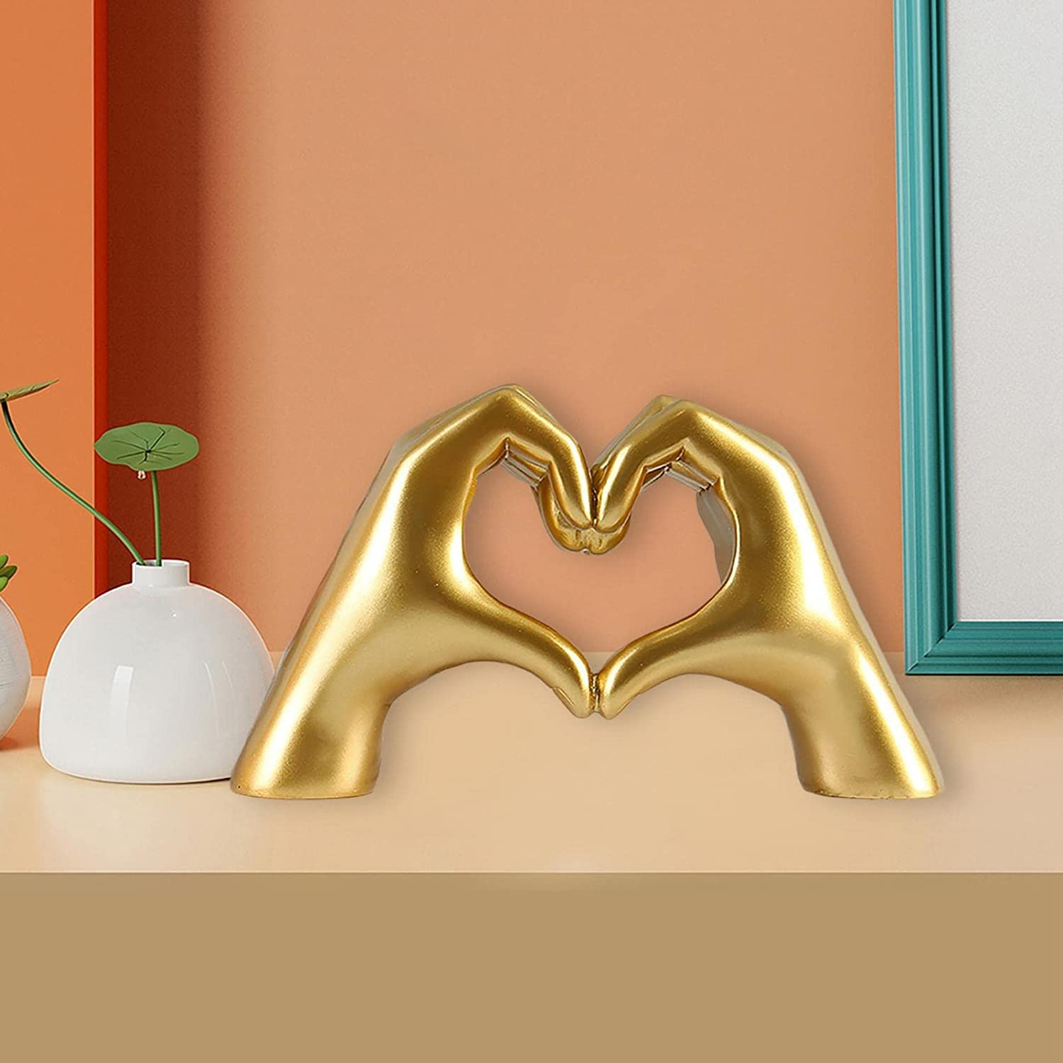 Heart Gesture Love Hand Sculpture - Golden Resin Desktop Statue for Home Decor, Living Room & Bookcase Display - Perfect for Valentine's Day Gifts, Wedding Anniversary & Romantic Home Decoration