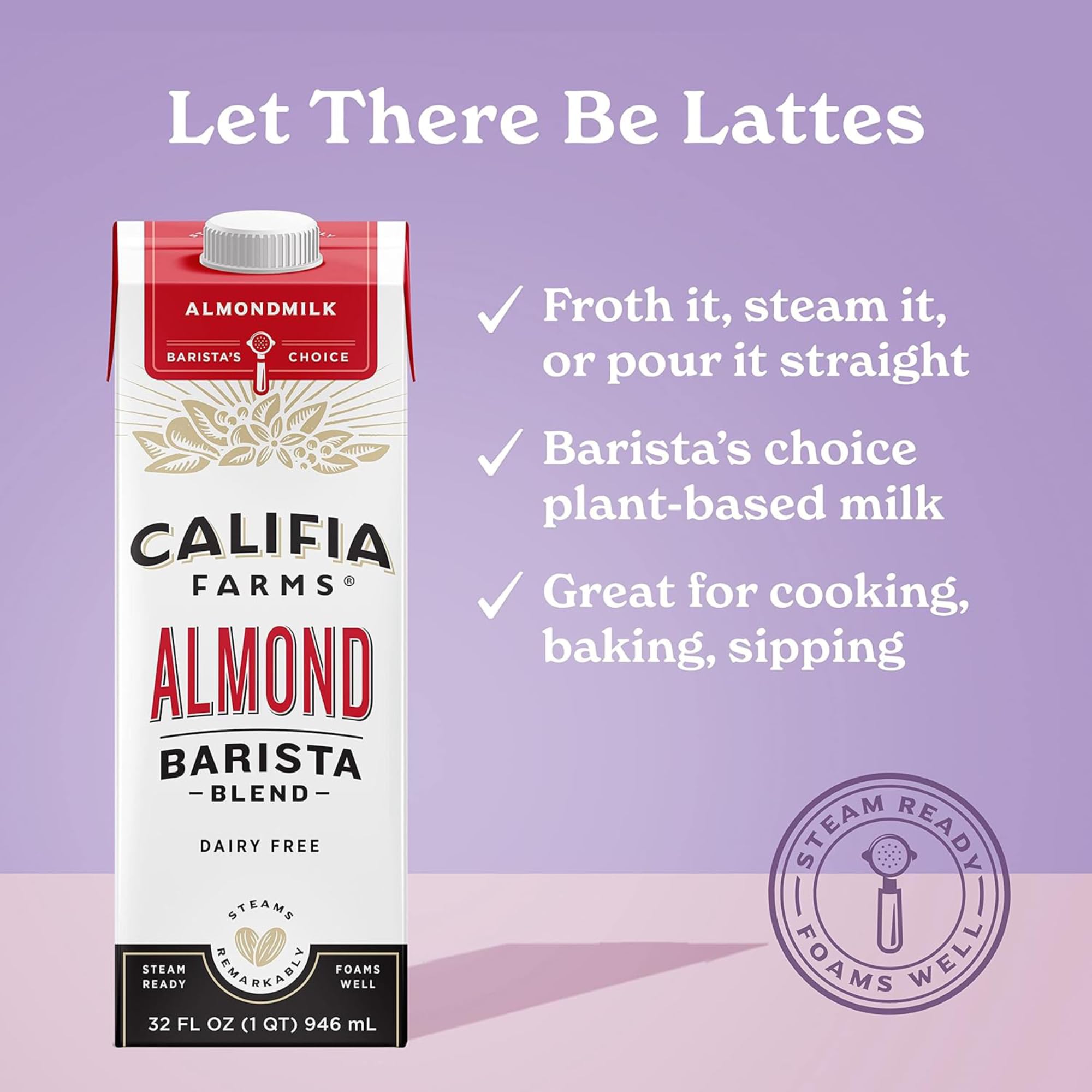 Califia Farms Barista Blend Almond Milk - Original, 32oz (Pack of 2) | Dairy-Free, Vegan Coffee Creamer for Lattes, Smoothies & Baking | Perfect for Baristas & Home Use
