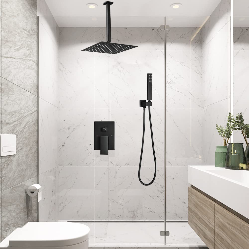 Premium Matte Black Shower System - 10 Inch Rain Shower Head with Handheld Sprayer, High Pressure Ceiling Mount Combo Set (Includes Rough-in Valve & Trim) for Modern Bathroom Luxury - Perfect for Spa-like Experience & Water-saving Home Upgrades