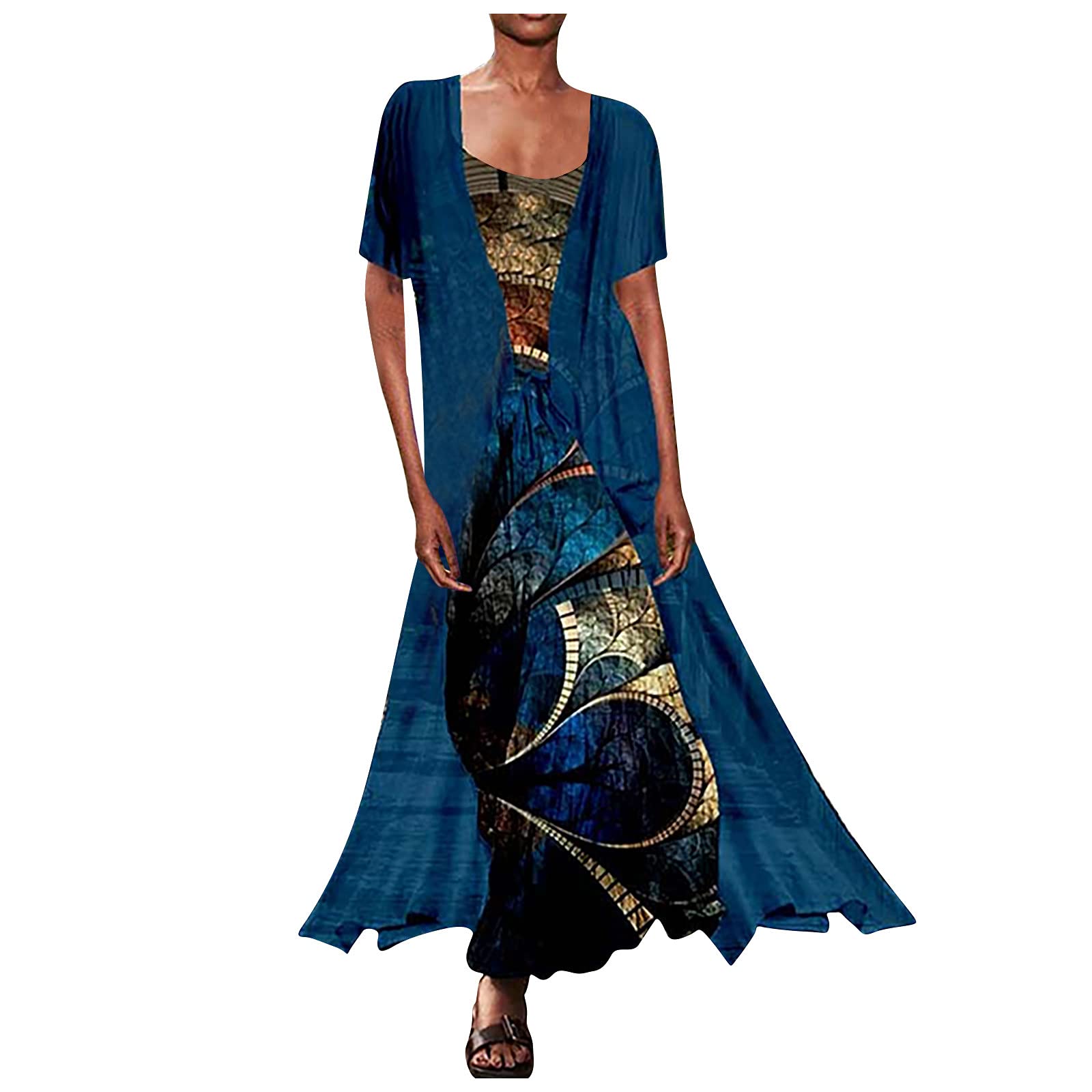 Elegant MINGE Women's Chiffon Two-Piece Set - Flowy Floral Print Summer Dress with Short Sleeve Cardigan | Perfect for Wedding Guest, Garden Party & Summer Vacation Outfits