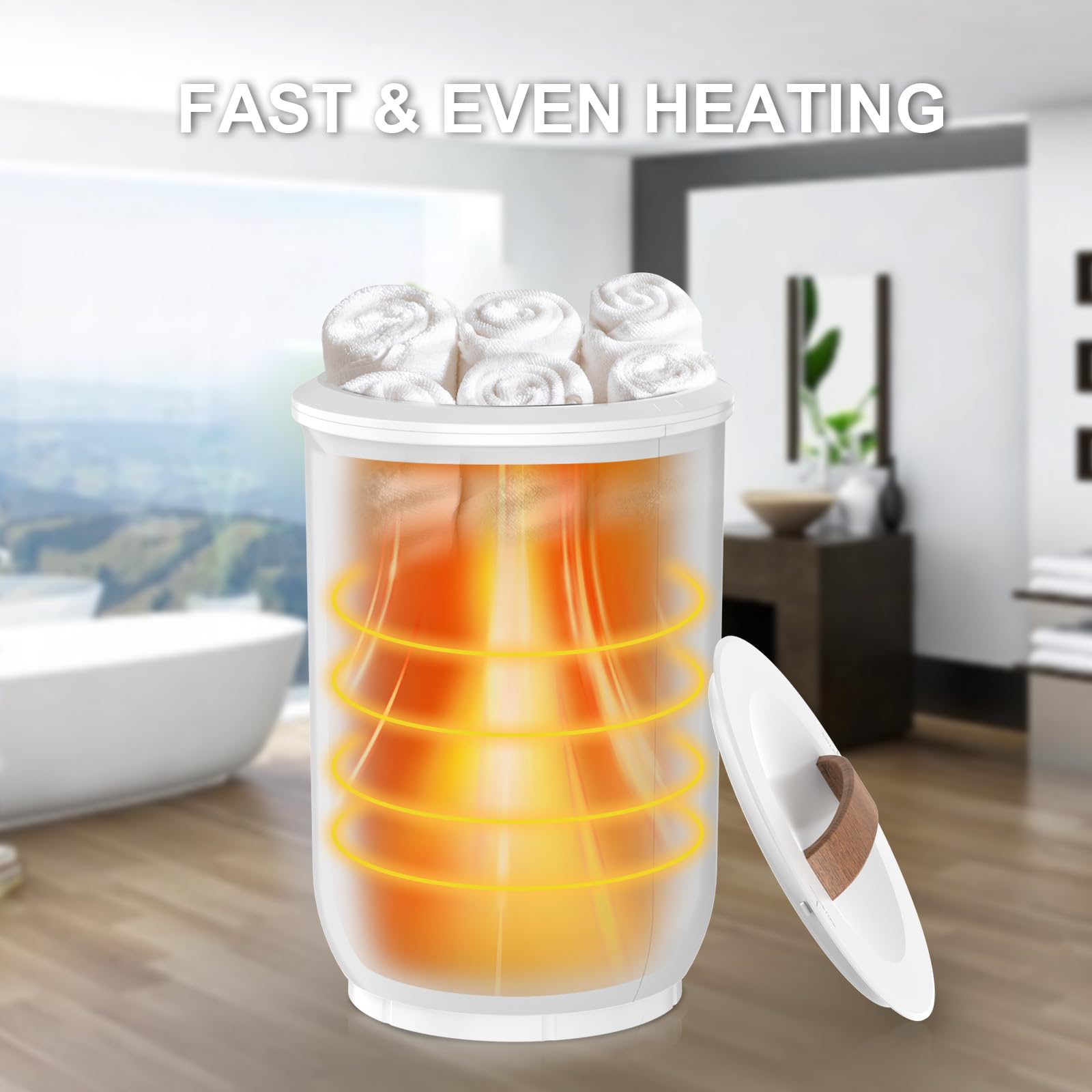Large Electric Towel Warmer for Bathroom - Heated Towel Warmer Bucket with Wood Handle & Auto Shut Off, Holds 2 Oversized 40