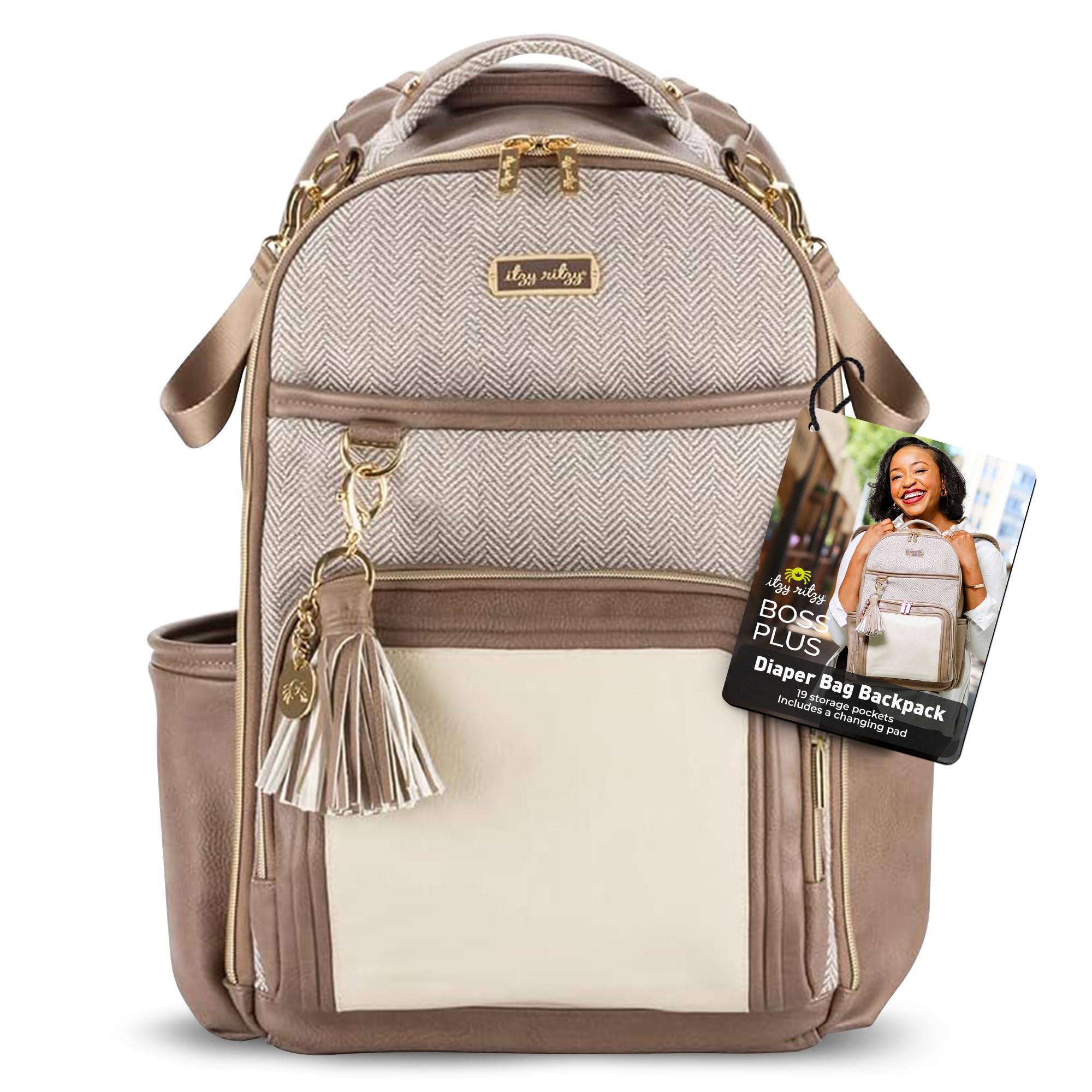 Itzy Ritzy Diaper Bag Backpack - Large Capacity Baby Backpack with 19 Pockets, Changing Pad & Stroller Clips | Comfortable Shoulder Straps | Vanilla Latte | Perfect for Moms, Travel & Daily Use with Baby Essentials