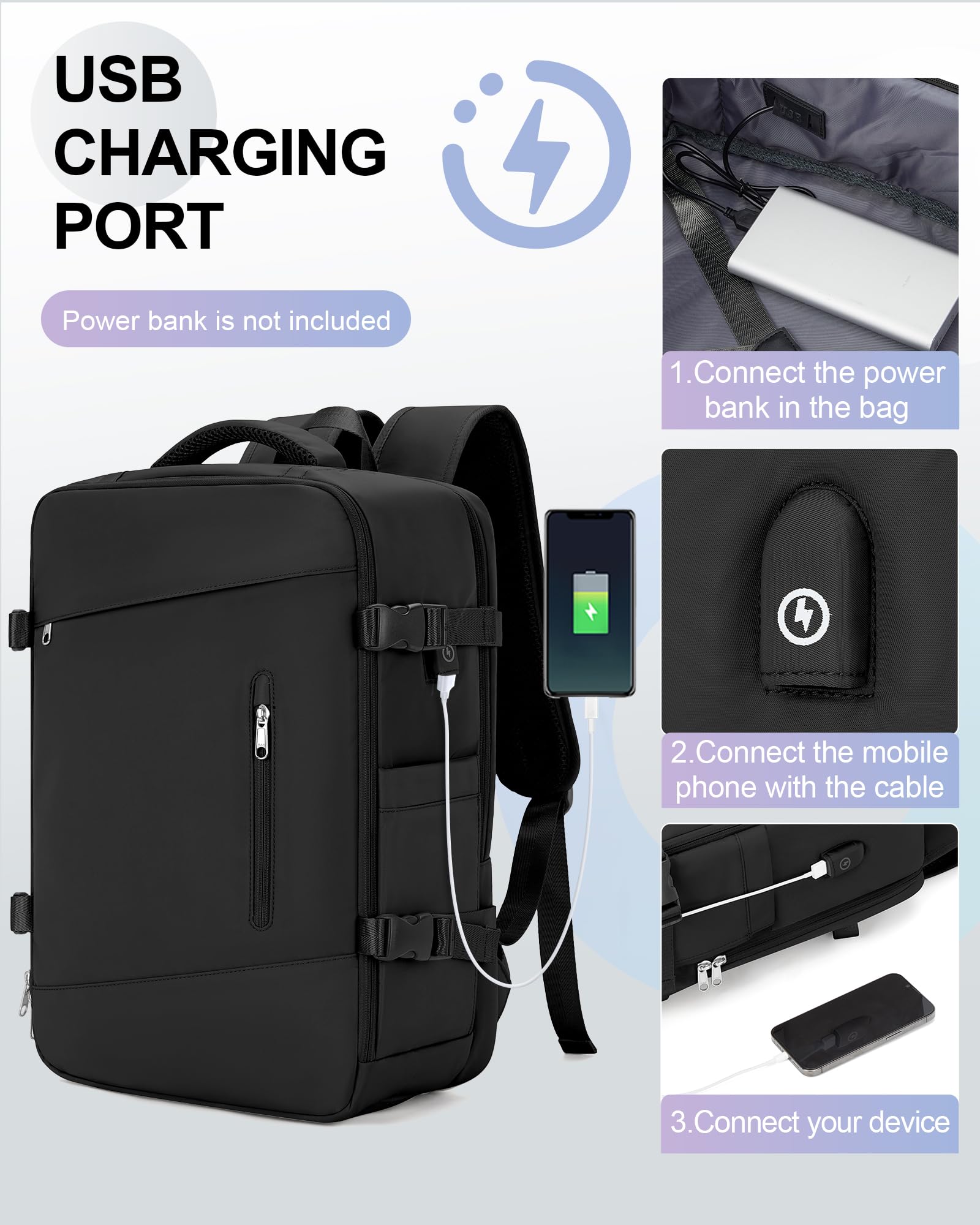 VECAVE Waterproof Travel Laptop Backpack for Women & Men - Flight Approved Carry On Backpack with Shoe Compartment - College School Bag, Sports Daypack for Business Travel, Weekend Getaways & Overnight Trips (Black)
