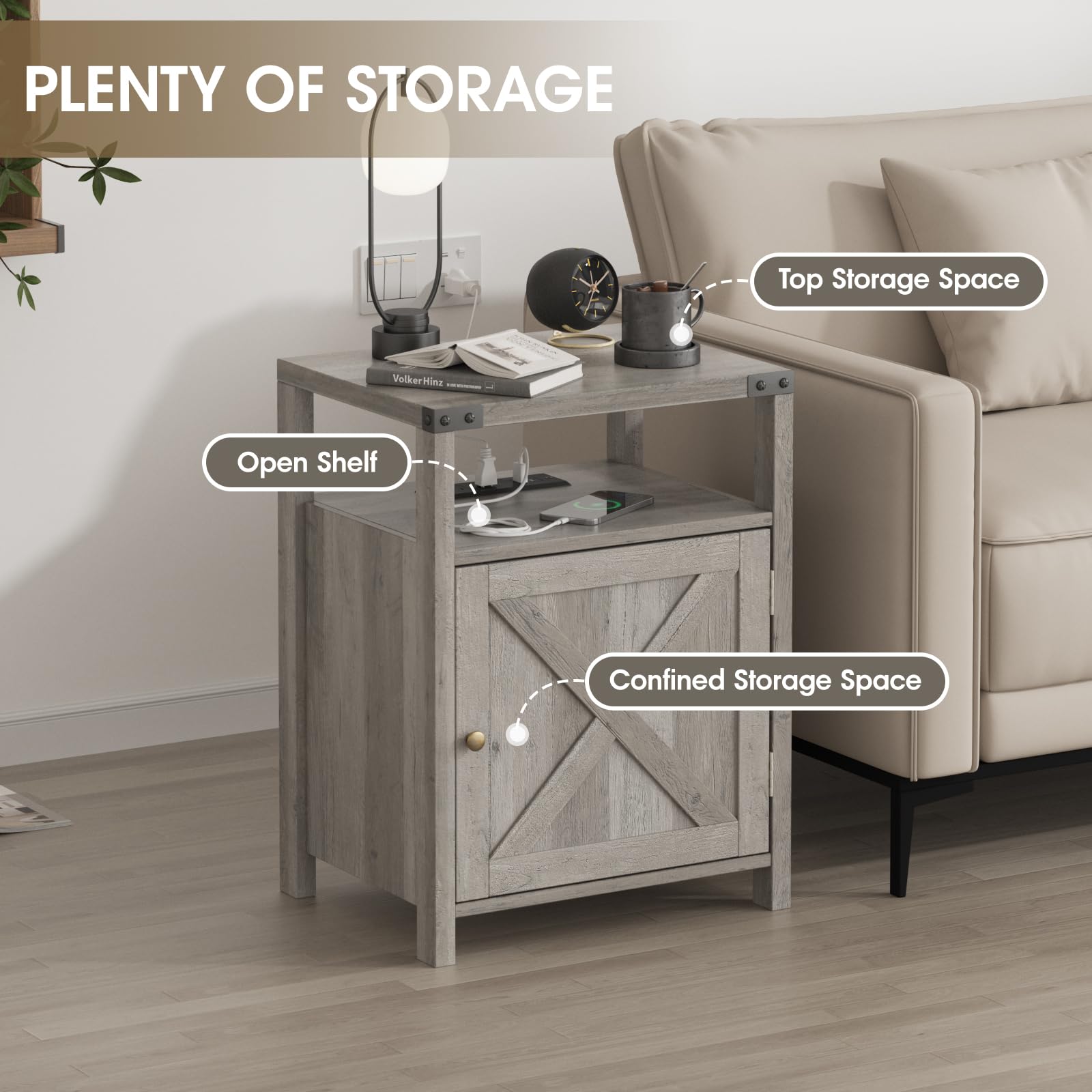 Fameill Nightstand Set of 2 - Bedside Tables with Charging Station, USB Ports & Outlets, Storage Cabinet - Farmhouse Style End Tables for Bedroom or Living Room - Perfect for Small Spaces, Guest Rooms & Modern Home Decor