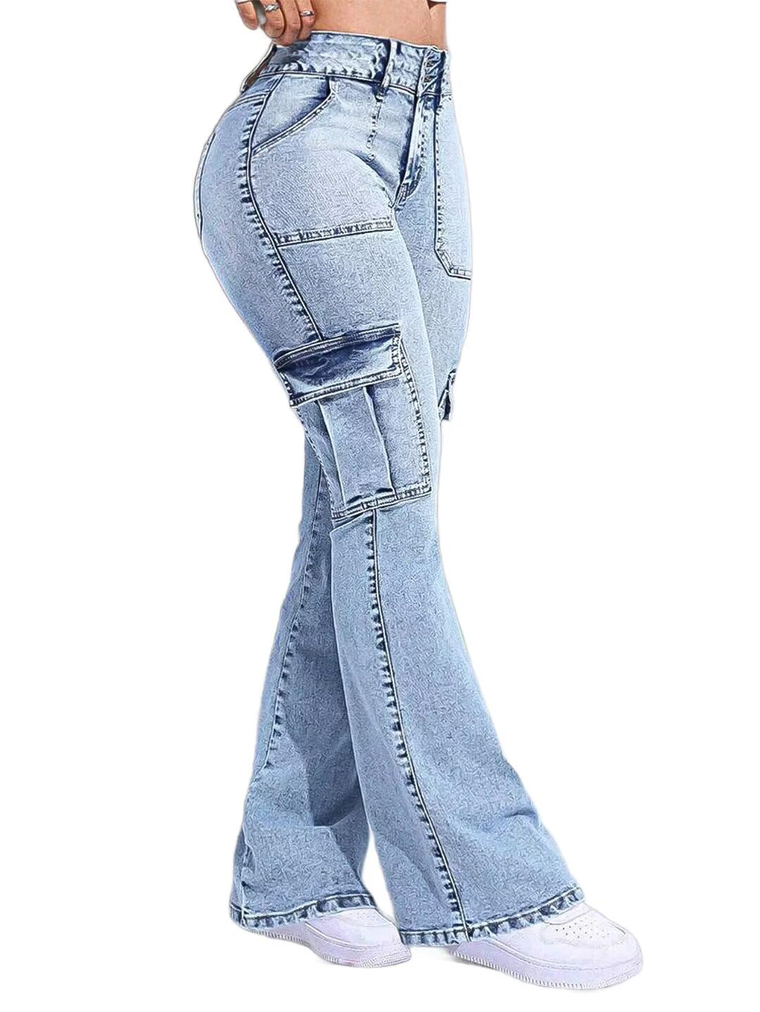 Flamingals Women's High Waist Cargo Jeans - Wide Leg Flare Denim Pants with Butt Lifting Design & Flap Pockets | Y2K Fashion for Casual Wear, Street Style & Retro Outfits