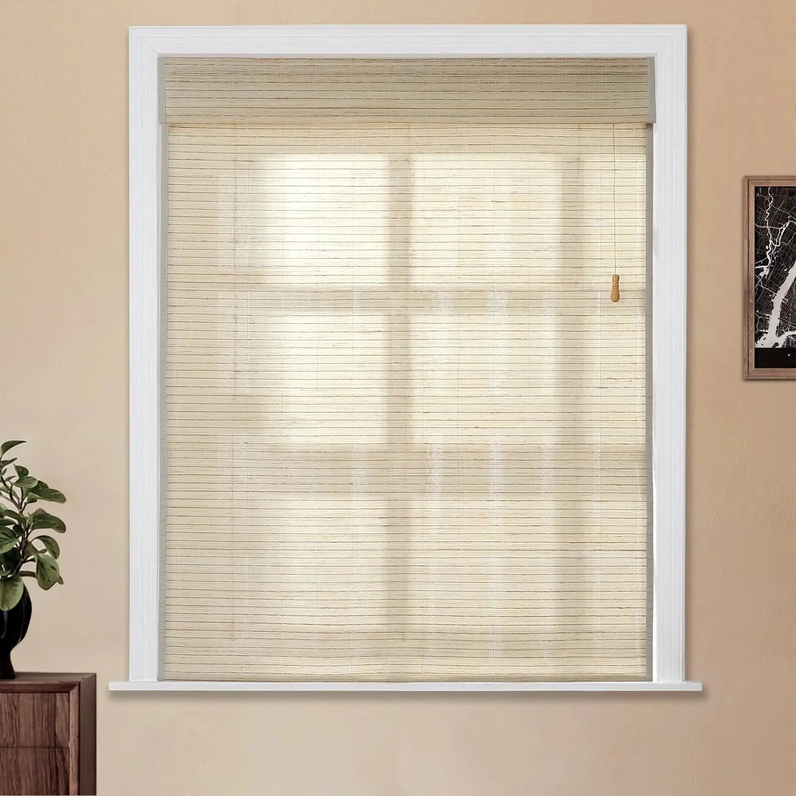 Natural Ramie Bamboo Woven Window Shade - Sand Beige Color | Eco-Friendly Room Darkening Blind for Living Room & Bedroom