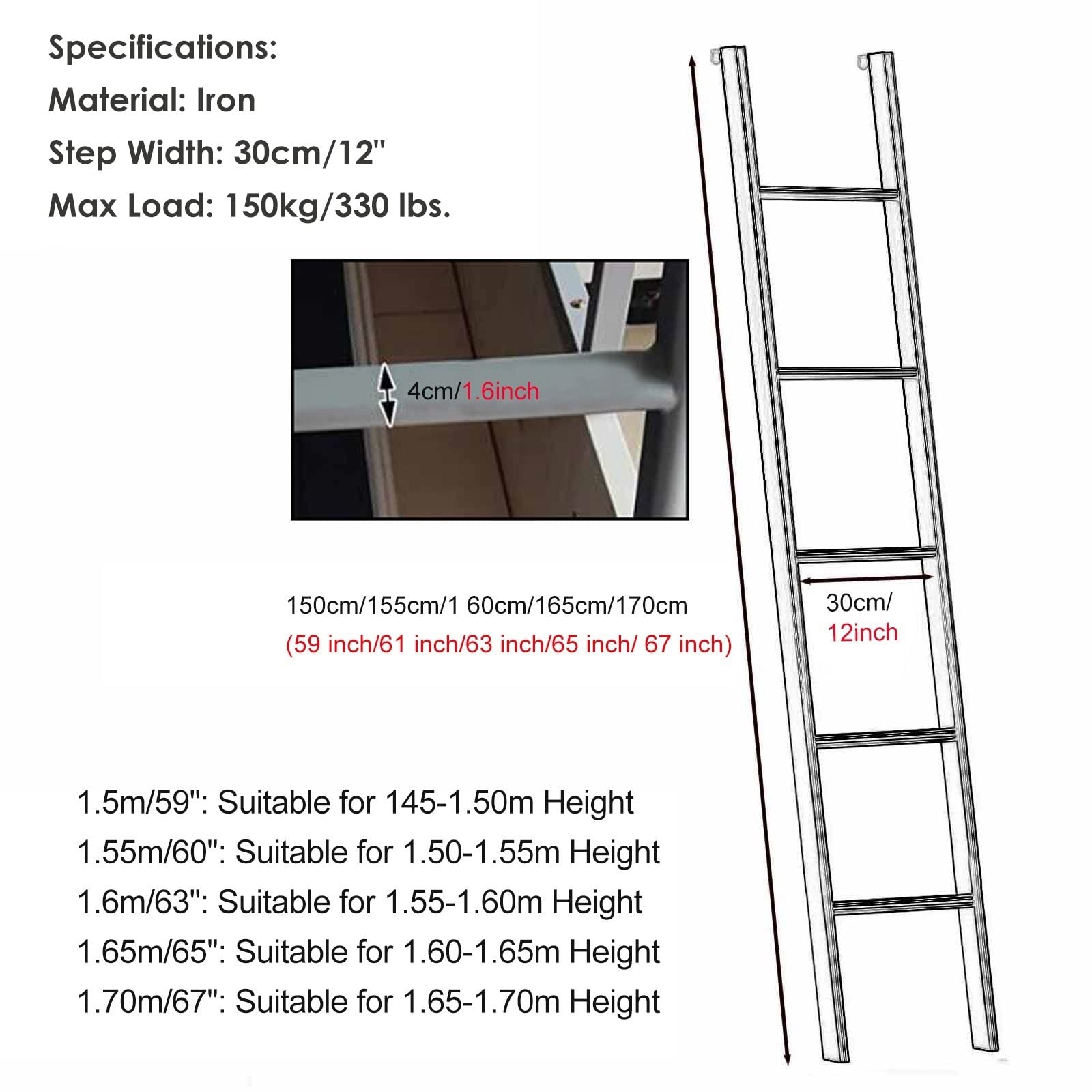 Metal Step Stool Ladder for High Beds - Bedroom Step Stool for Bunk Beds, Loft Beds & Travel Trailers with Included Mounting Brackets (Black, 1.7ft Length) - Perfect for Kids Rooms, Dormitories & RV Camping