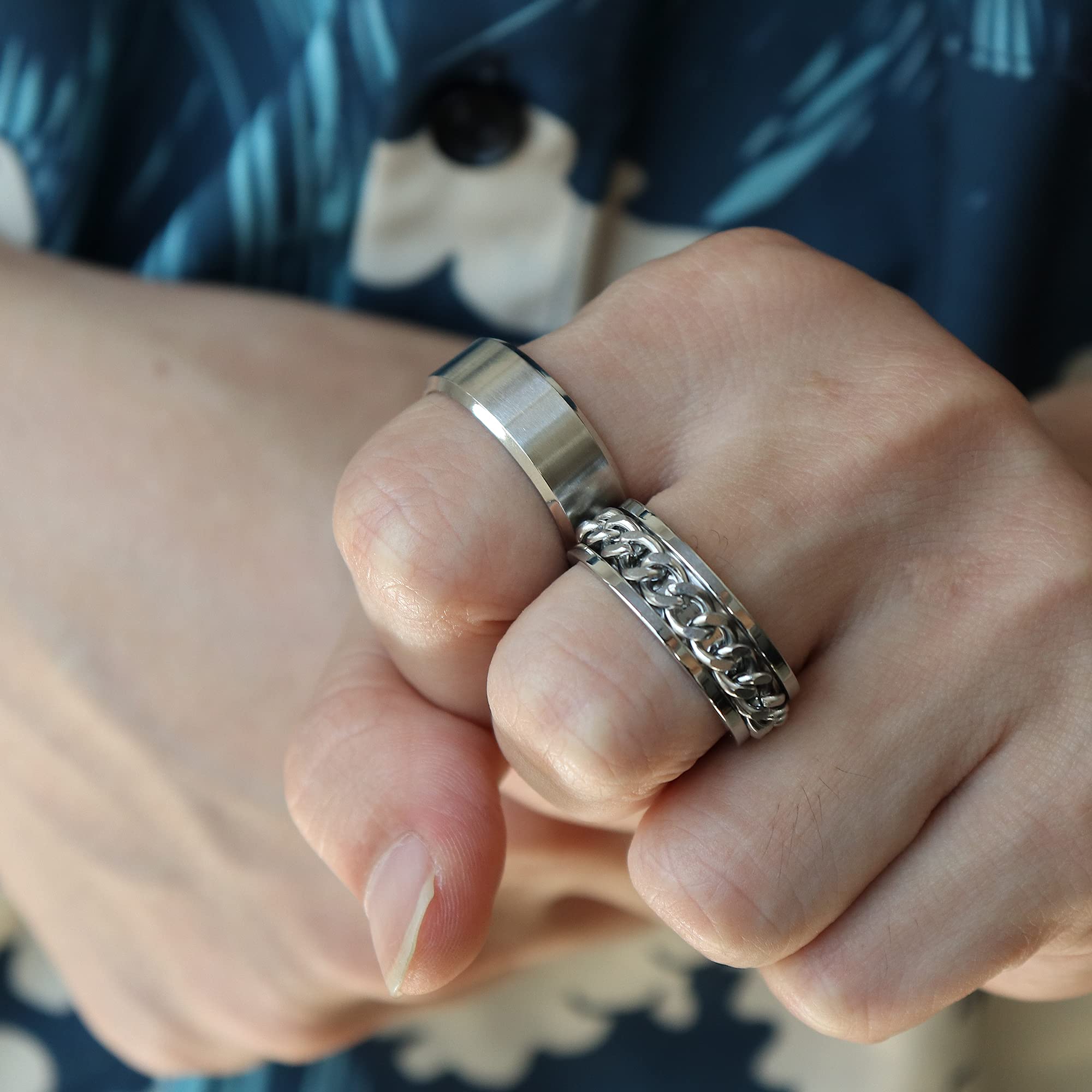 ORAZIO 3Pcs Stainless Steel Rings for Men & Women - Silver Plain Band, Cuban Link Chain & Spinner Ring Set | Size 6-14 | Wedding, Promise & Fashion Jewelry | Perfect for Gifts, Anniversaries & Everyday Wear