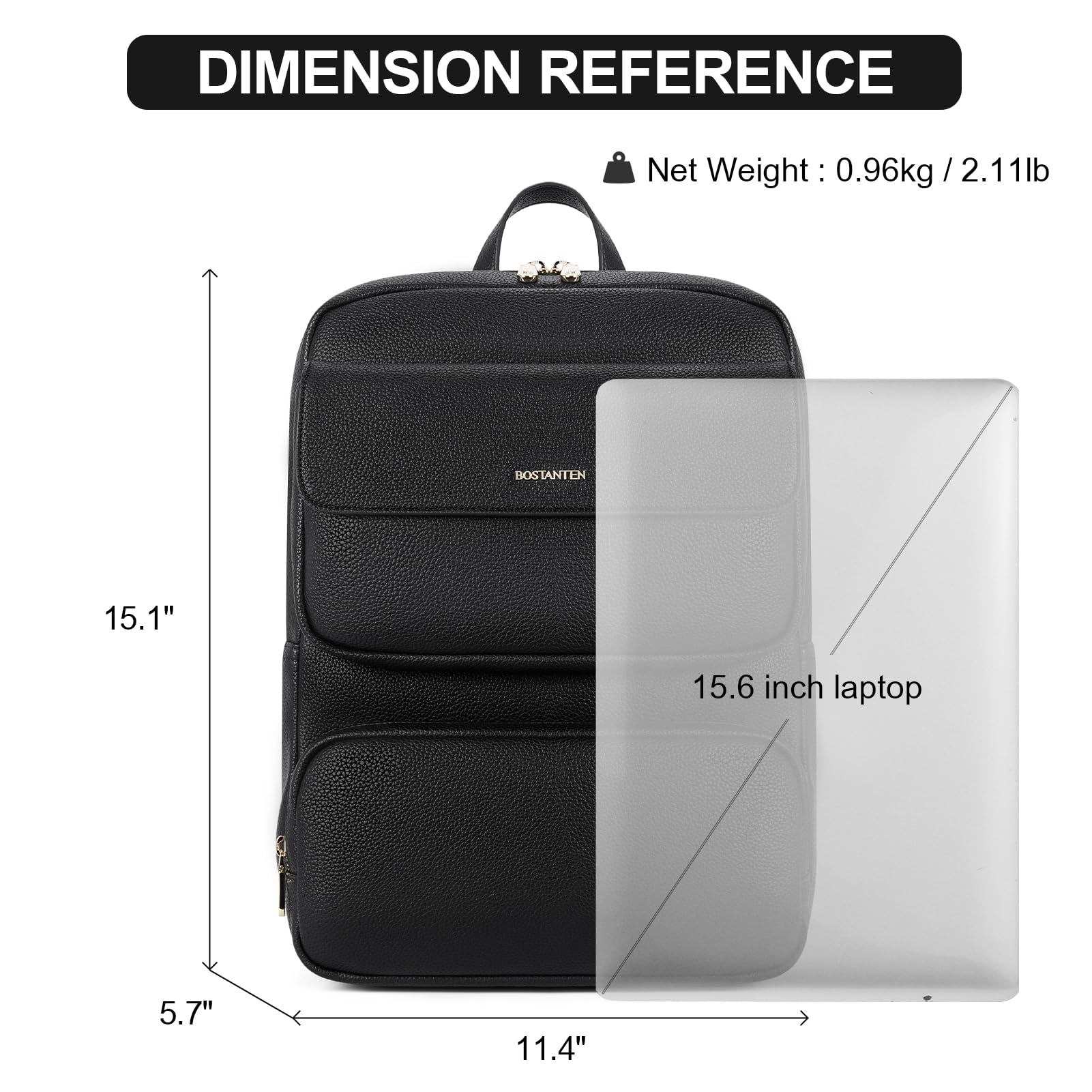 BOSTANTEN Genuine Leather Backpack for Women - 15.6 Inch Laptop Bag, Stylish Business Travel Backpack with Trolley Sleeve & USB Charging Port - Perfect for Work, College & Commuting (Black)