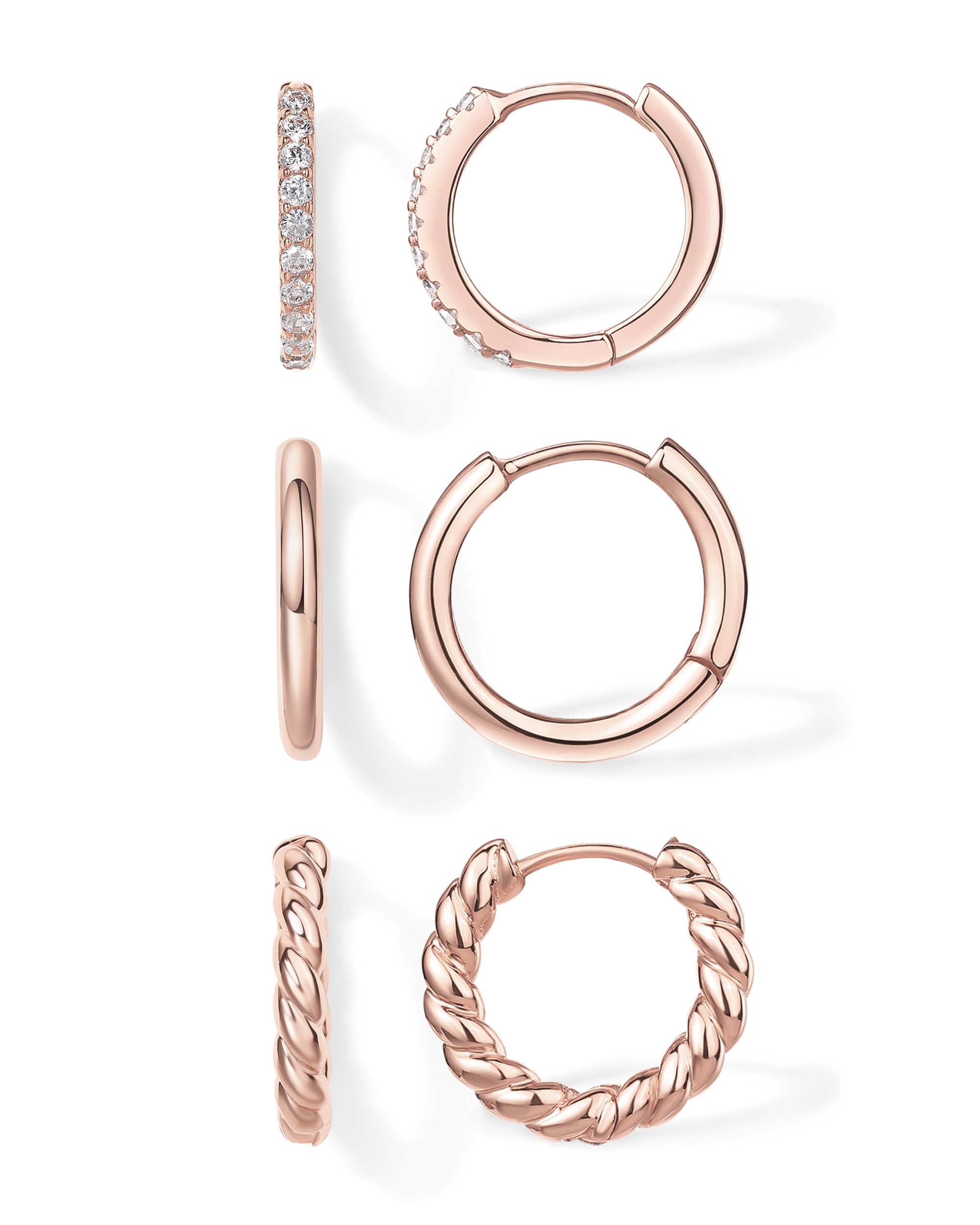 PAVOI 14K-18K Gold Plated Sterling Silver Small Hoop Earrings for Women - 3 Pairs Cubic Zirconia Rope Teardrop Huggie Earrings Set | Everyday Wear, Party, Gift, Wedding Jewelry