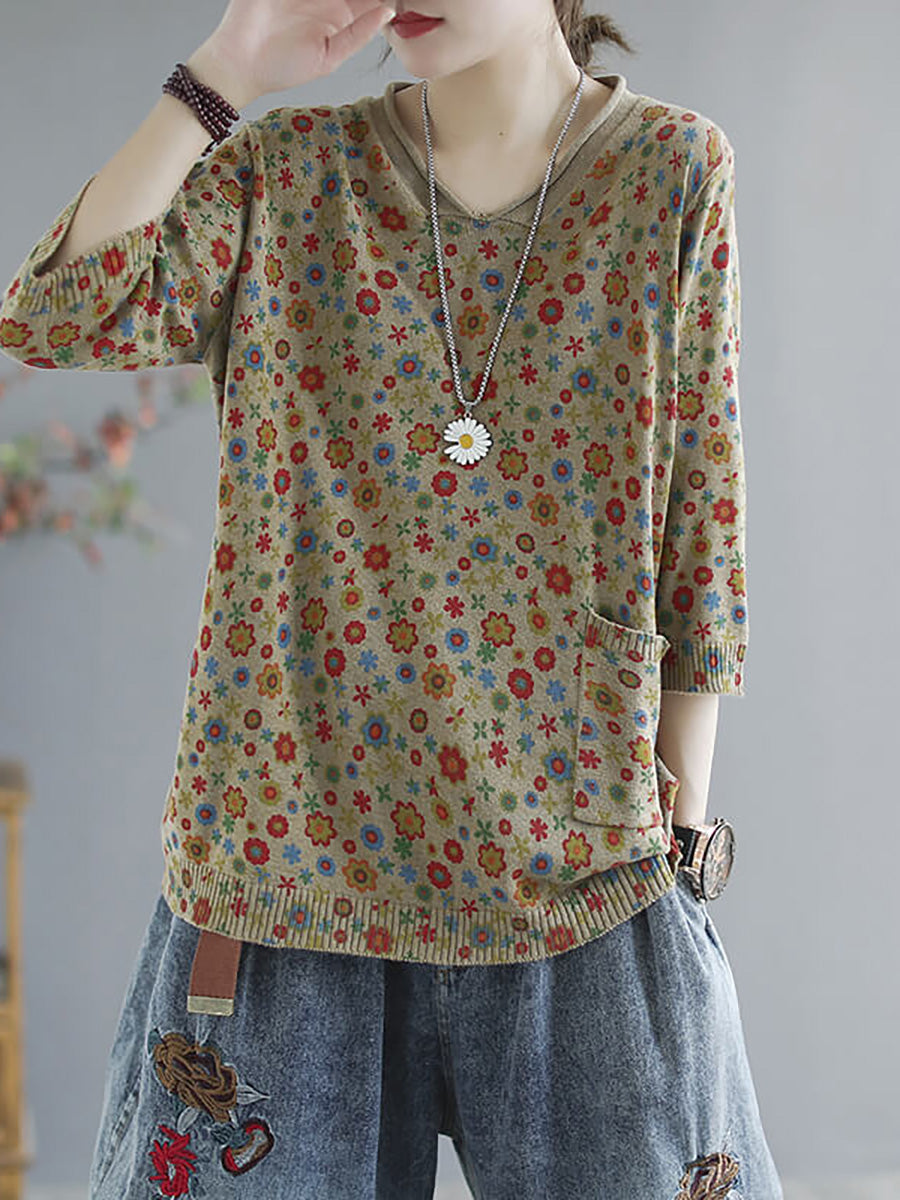 Plus Size Floral Print Knitted Sweater for Women - Spring Casual Pullover with Pockets - Perfect for Office, Outings & Cozy Evenings