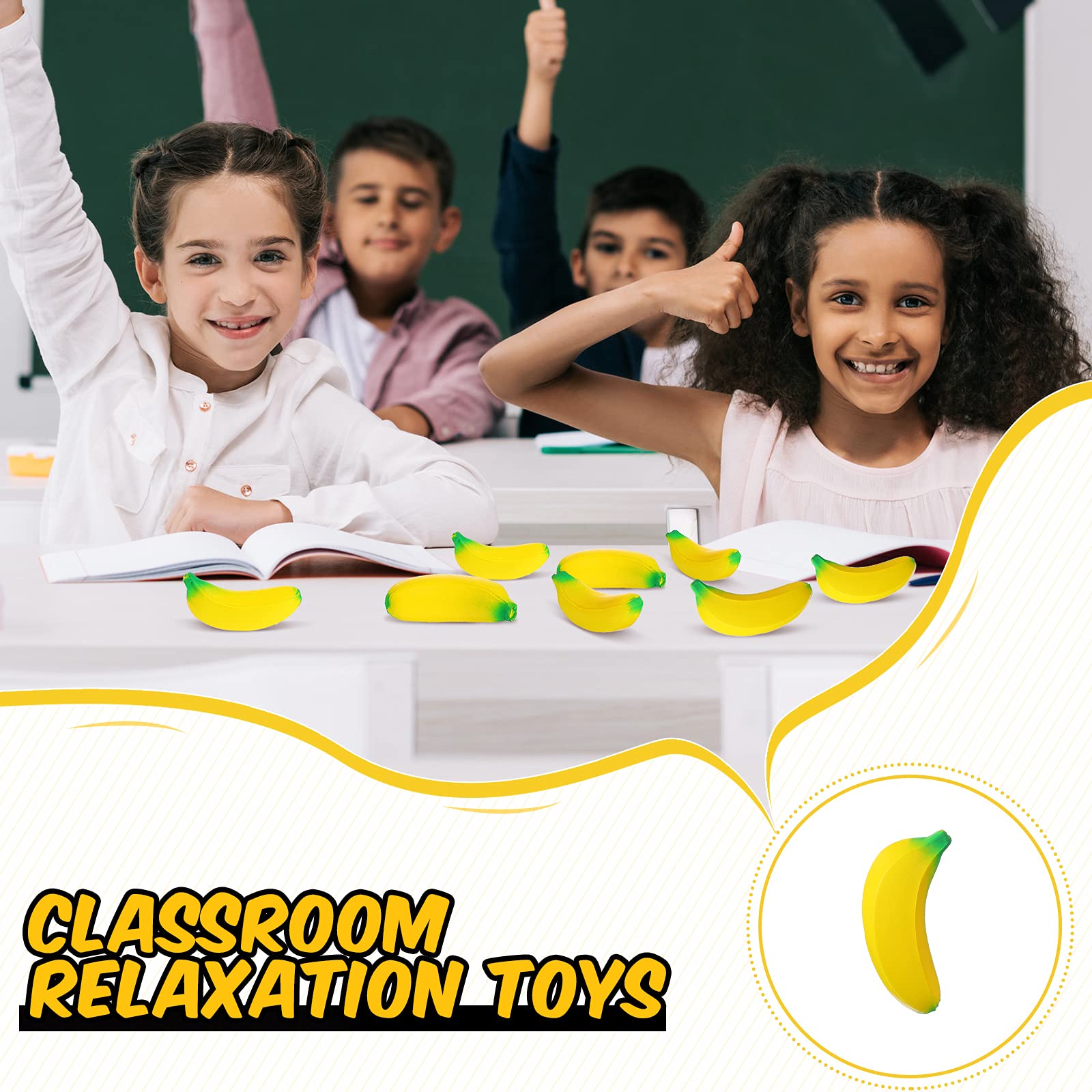 Kasyat 15 Pcs Stretchy Banana Stress Relief Toys - PU Squeeze Balls for Anxiety & Stress Relief (2.36 Inch) - Perfect for Office Desk, Party Favors & Classroom Rewards