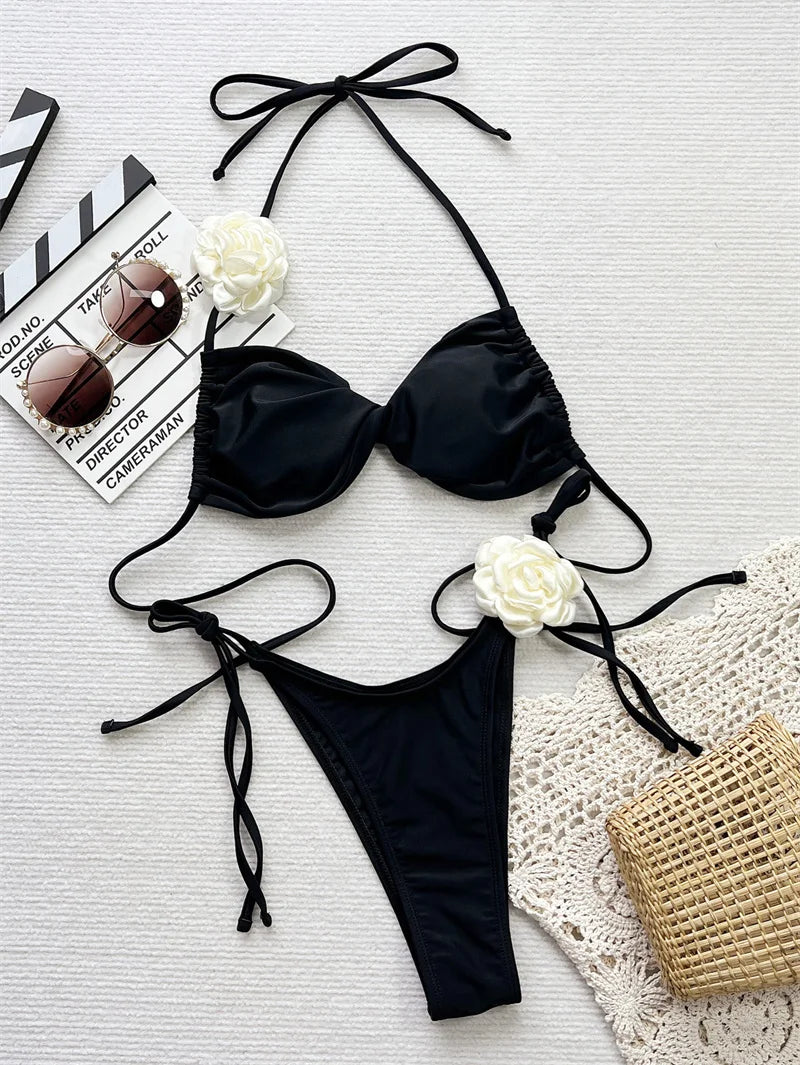 3D Floral Halter Brazilian Strappy Bikini Set for Women - Sexy Two-Piece Swimwear with Adjustable Ties, Comfortable Beachwear for Pool Party, Vacation & Summer Getaways