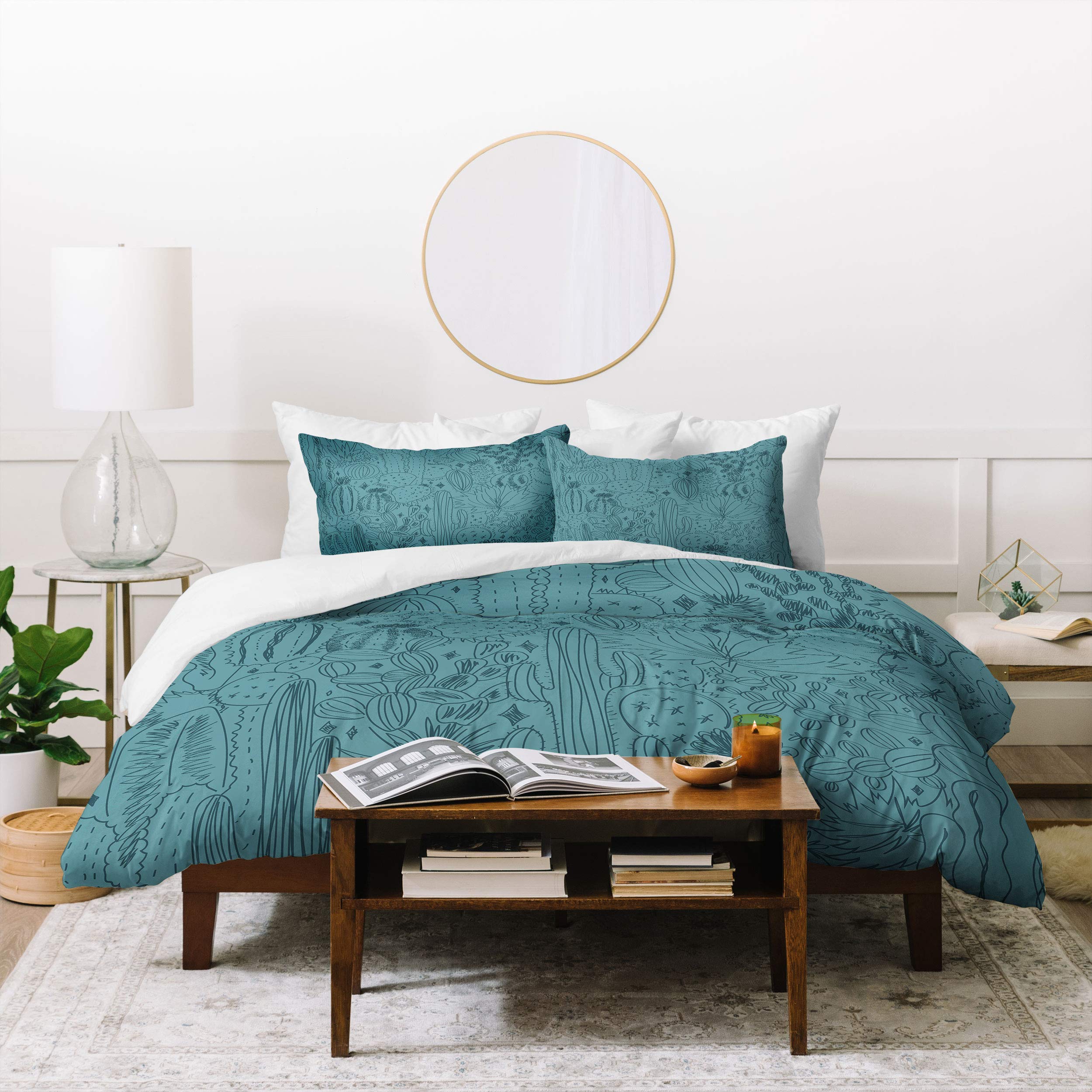 Meg Cactus Blue Duvet Cover Set with Pillow Shams - Queen Size for Bedroom Decor
