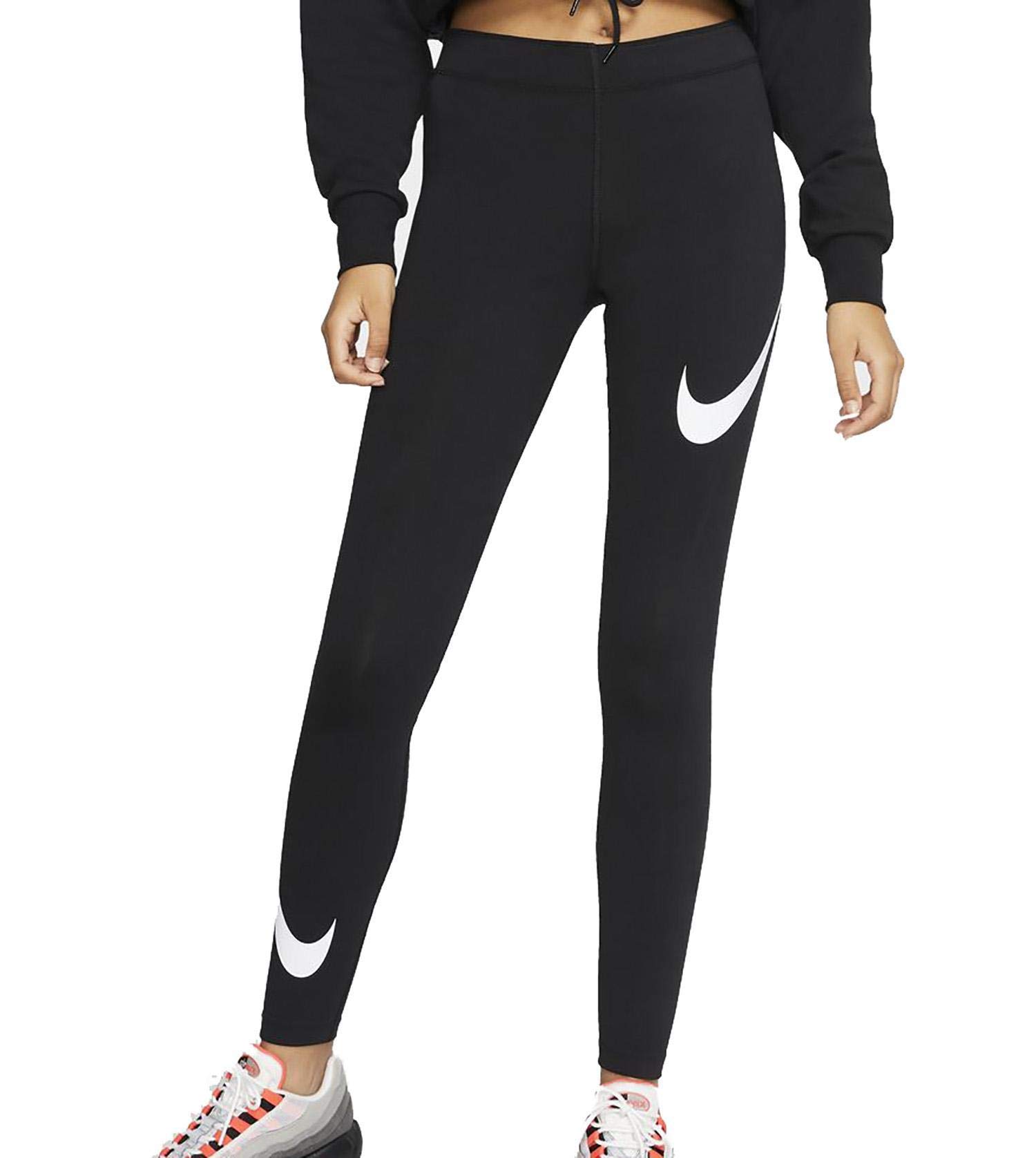 Nike Women's NSW Legasee Logo Swoosh Leggings - Black/White - Medium - High Waist Yoga Pants for Workout, Running & Lounge Wear