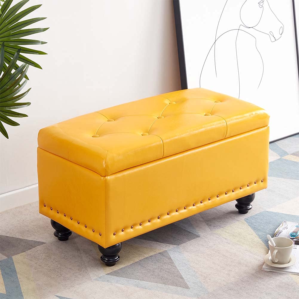 Waterproof Leather Storage Ottoman Bench Cube - Elegant Yellow Foot Stool with Seating for Living Room, Bedroom, Entryway | Multi-Functional Shoe Storage Chest & End of Bed Bench | Perfect for Small Space Organization & Home Decor