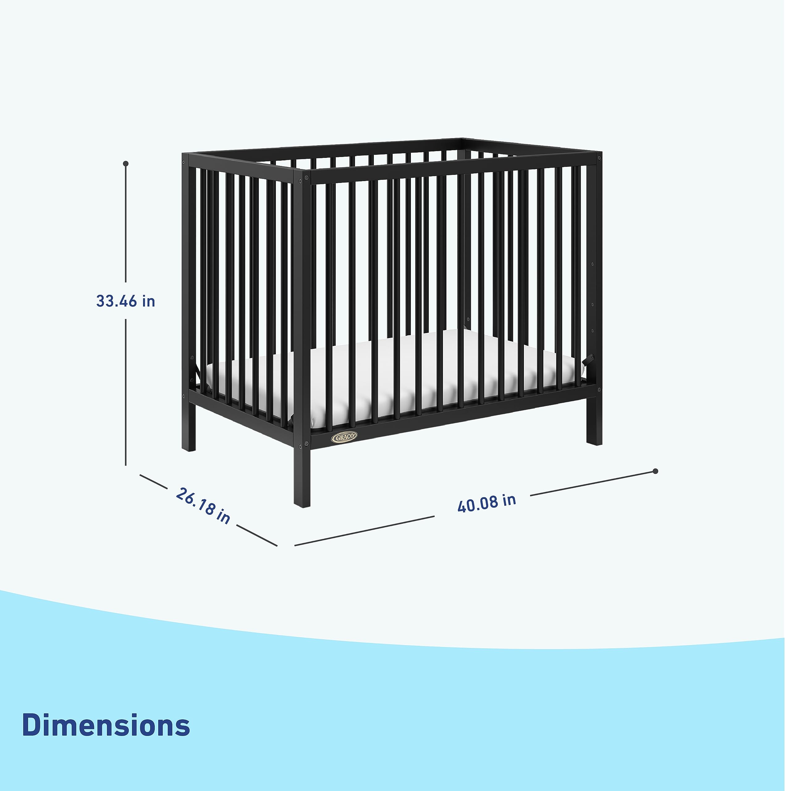 Graco Teddi 4-in-1 Convertible Mini Crib with Waterproof Mattress - GREENGUARD Gold Certified, Compact Nursery Bed for Small Spaces, Easy 30-Min Assembly (Black) | Perfect for Apartments, Daycares & Travel | Includes 2.75-Inch Mattress