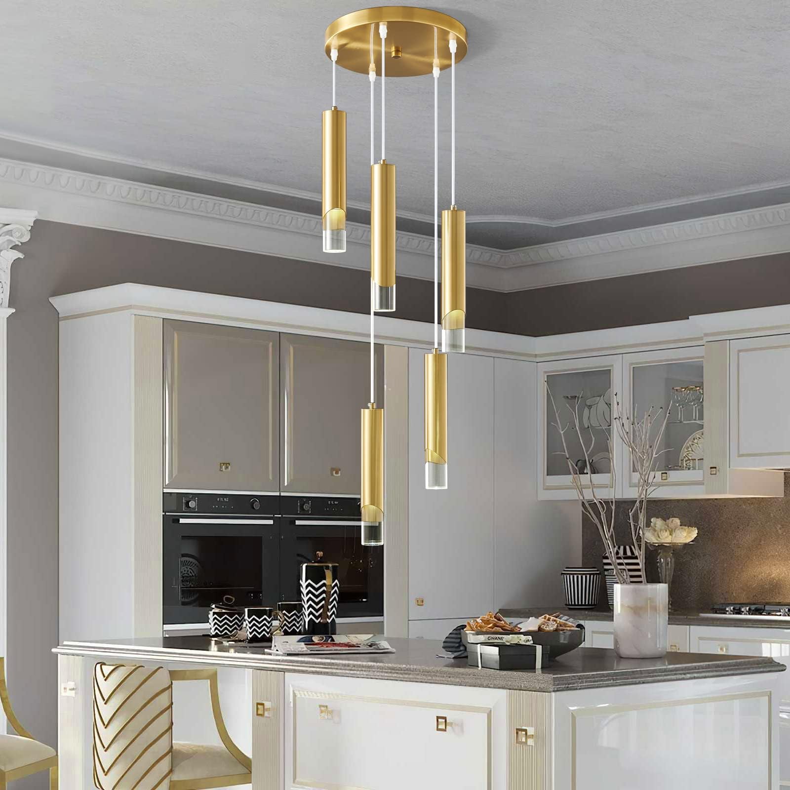 Modern Gold Dimmable LED Mini Pendant Light Fixture - 5-Light Set for Kitchen Island, Dining Room & Bedroom | Energy Efficient Hanging Lighting for Home Decor & Interior Design