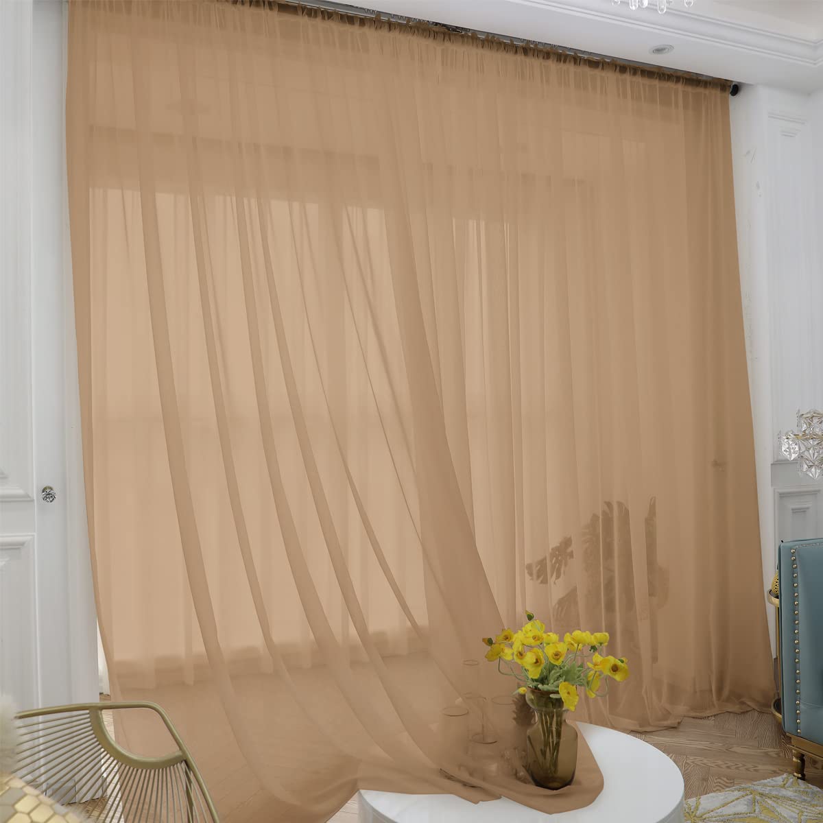 Brown Sheer Curtains 63 Inches Long - 2 Panels Rod Pocket Voile Semi-Sheer Window Drapes for Kitchen, Bedroom & Living Room - Light Filtering Privacy Curtains (52