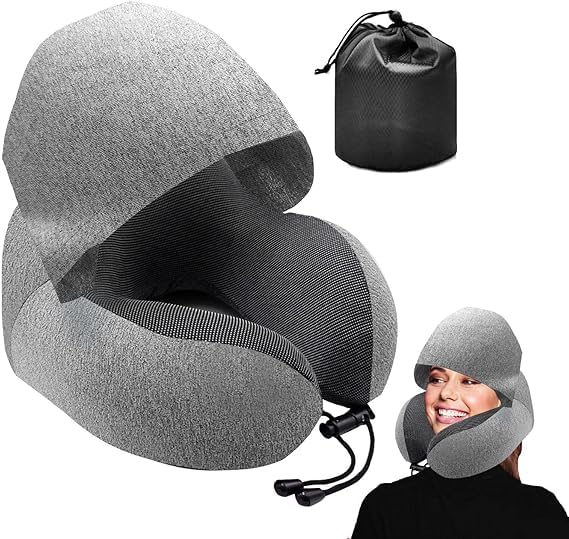 Juflix Memory Foam Travel Neck Pillow with Hood for Adults - Ergonomic Support for Airplane, Car & Train Trips - Perfect for Long Flights, Road Trips & Commuting