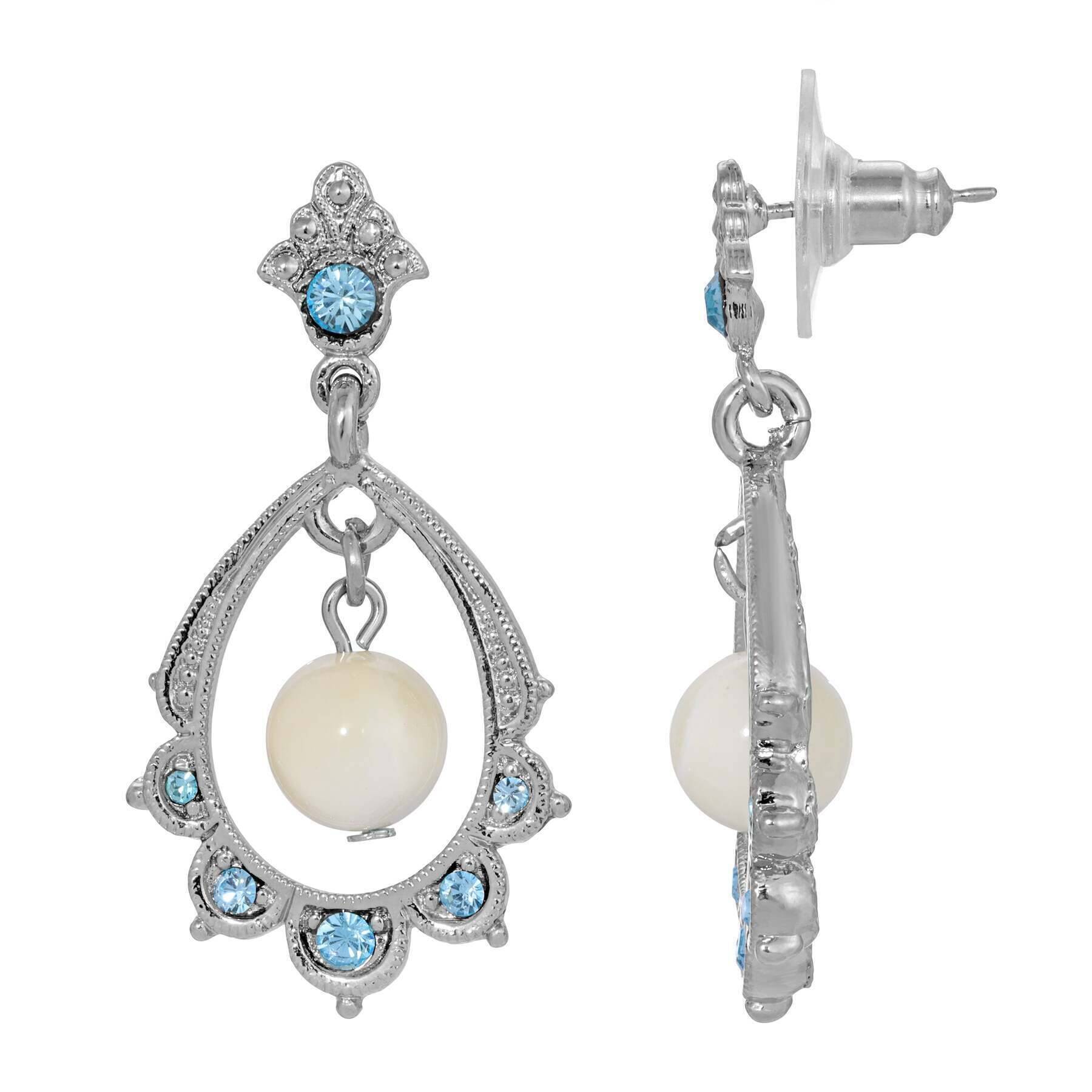 1928 Jewelry Aquamarine Crystal Mother of Pearl Oval Drop Earrings - Vintage Style Dangle Earrings for Women, Perfect for Weddings, Parties & Special Occasions