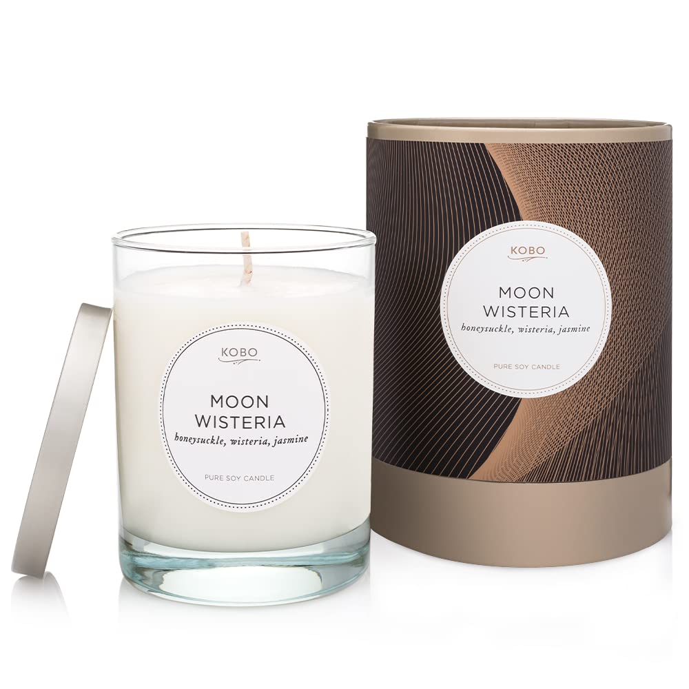 KOBO Moon Wisteria Scented Candle - 11 oz 100% Pure Soy Wax, Hand-Poured in USA | Long-Lasting 80 Hour Burn Time | Natural Home Fragrance Candle for Relaxation, Meditation & Aromatherapy | Perfect for Bedroom, Bathroom & Living Room Décor