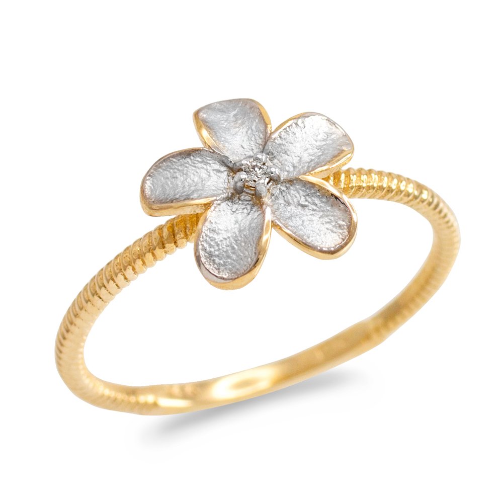 10K Two-Tone Gold Solitaire Diamond Rope Band Hawaiian Plumeria Flower Ring for Women - Elegant Wedding, Engagement, Anniversary Jewelry Gift - Perfect for Beach Weddings, Tropical Vacations & Summer Fashion