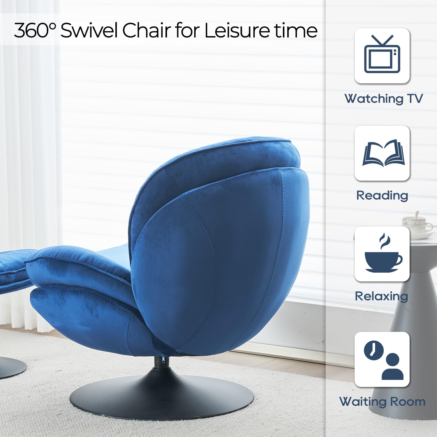 Velvet Swivel Accent Chair with Ottoman Set - Modern Tufted Armchair with Footrest for Living Room & Bedroom - 360 Degree Swivel Reading TV Chair for Adults - Blue Comfortable Lounge Chair for Relaxing, Entertaining & Home Decor